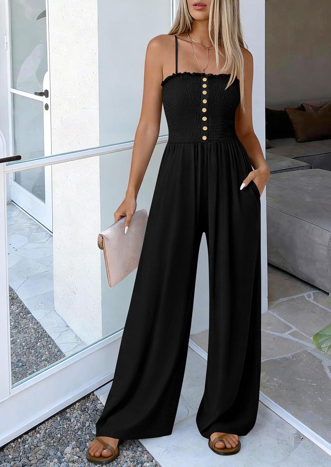 imagePRETTYGARDEN Jumpsuits for Women Dressy 2026 Summer Sleeveless Casual Wide Leg Rompers Spring Cruise Vacation OutfitsBlack