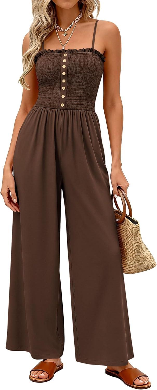 imagePRETTYGARDEN Jumpsuits for Women Dressy 2026 Summer Sleeveless Casual Wide Leg Rompers Spring Cruise Vacation OutfitsBrown