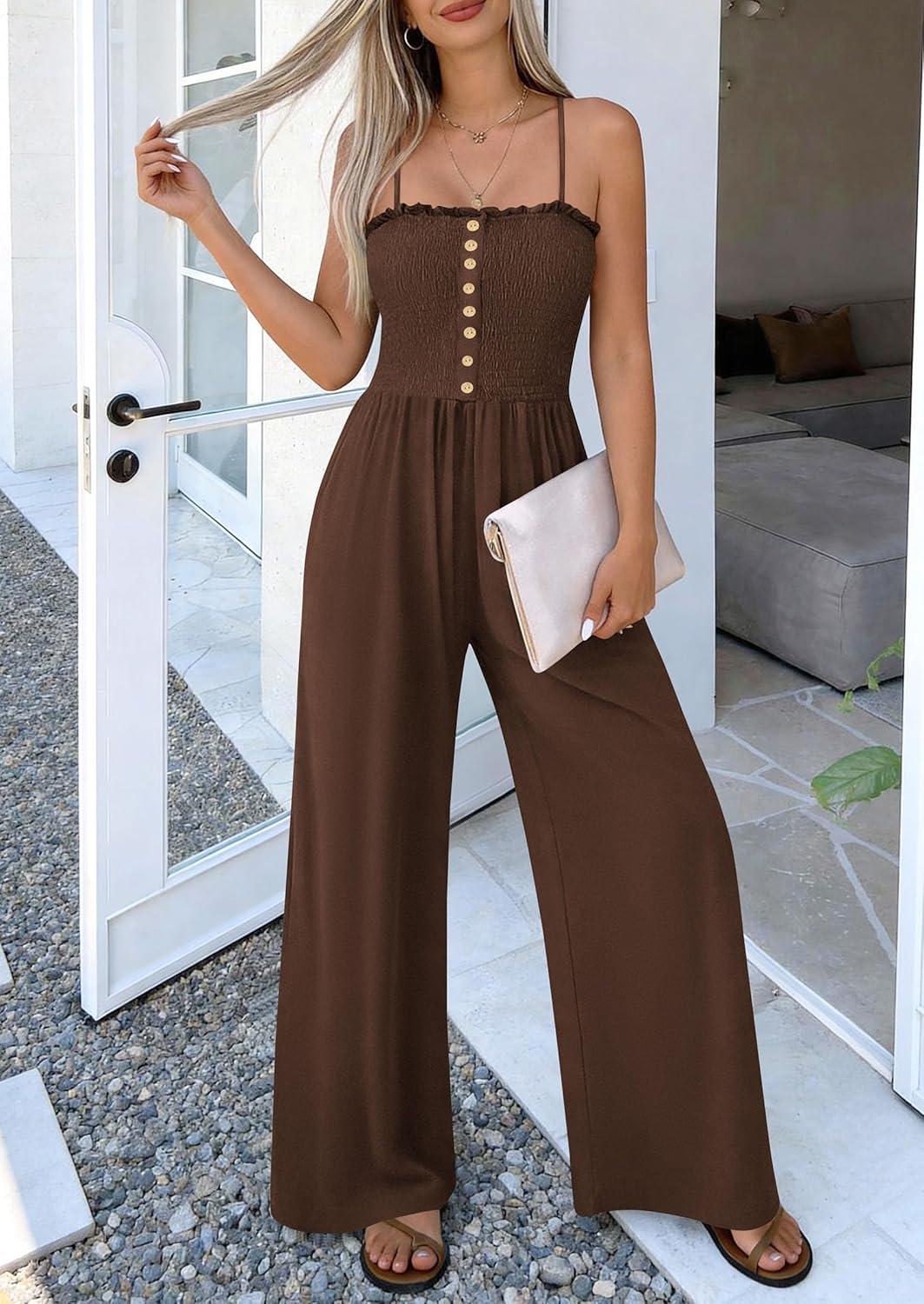 imagePRETTYGARDEN Jumpsuits for Women Dressy 2026 Summer Sleeveless Casual Wide Leg Rompers Spring Cruise Vacation OutfitsBrown