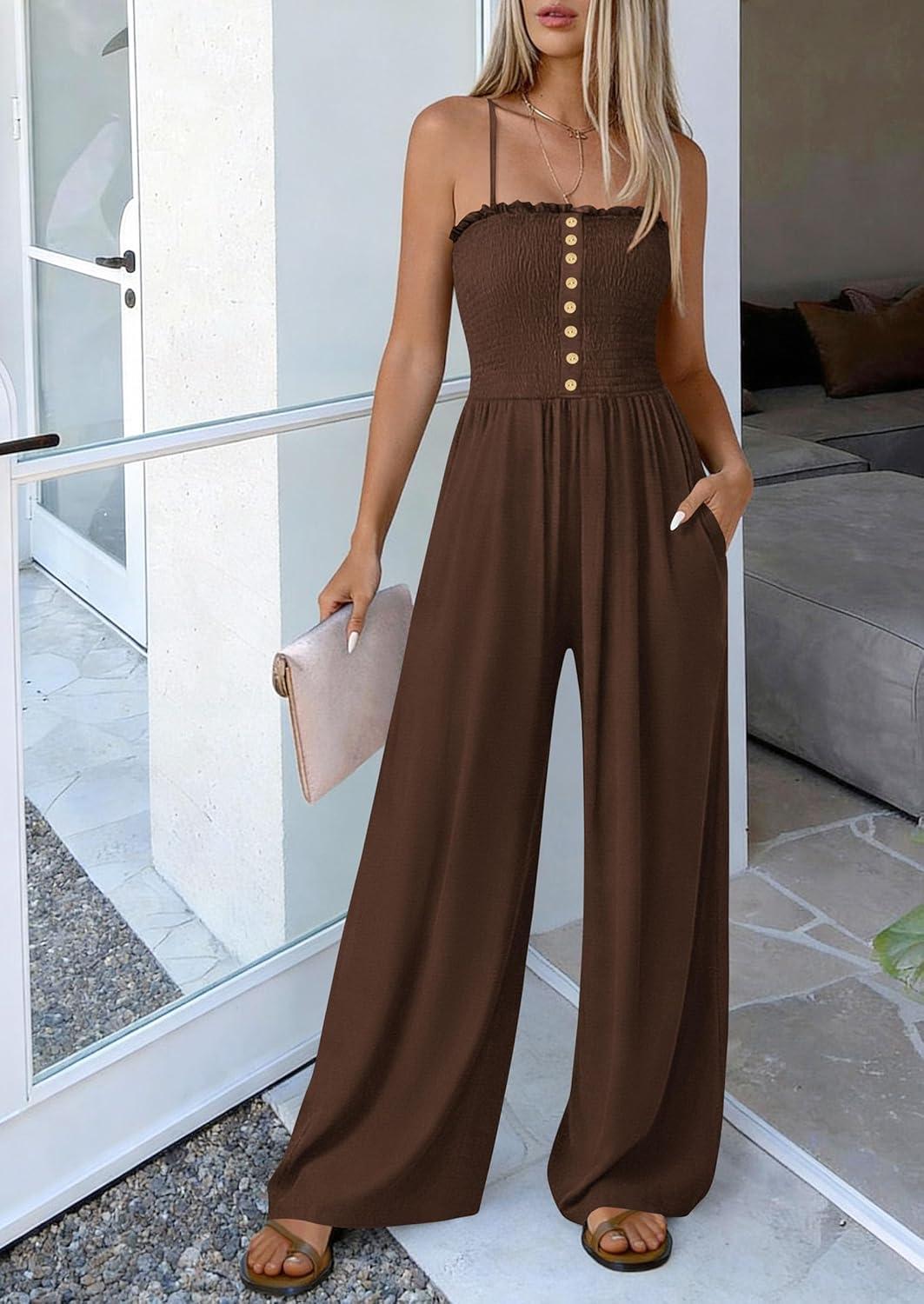 imagePRETTYGARDEN Jumpsuits for Women Dressy 2026 Summer Sleeveless Casual Wide Leg Rompers Spring Cruise Vacation OutfitsBrown