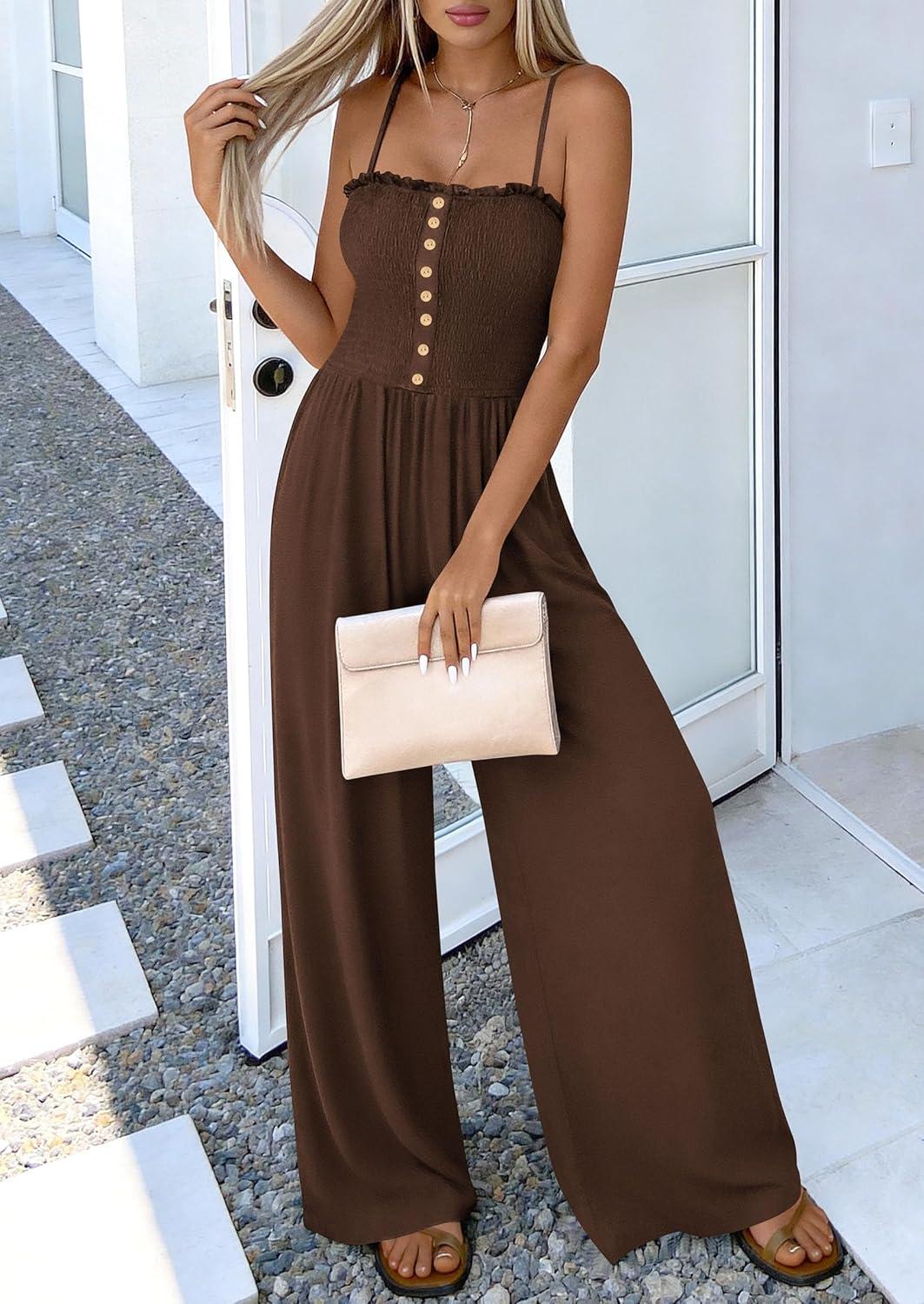 imagePRETTYGARDEN Jumpsuits for Women Dressy 2026 Summer Sleeveless Casual Wide Leg Rompers Spring Cruise Vacation OutfitsBrown