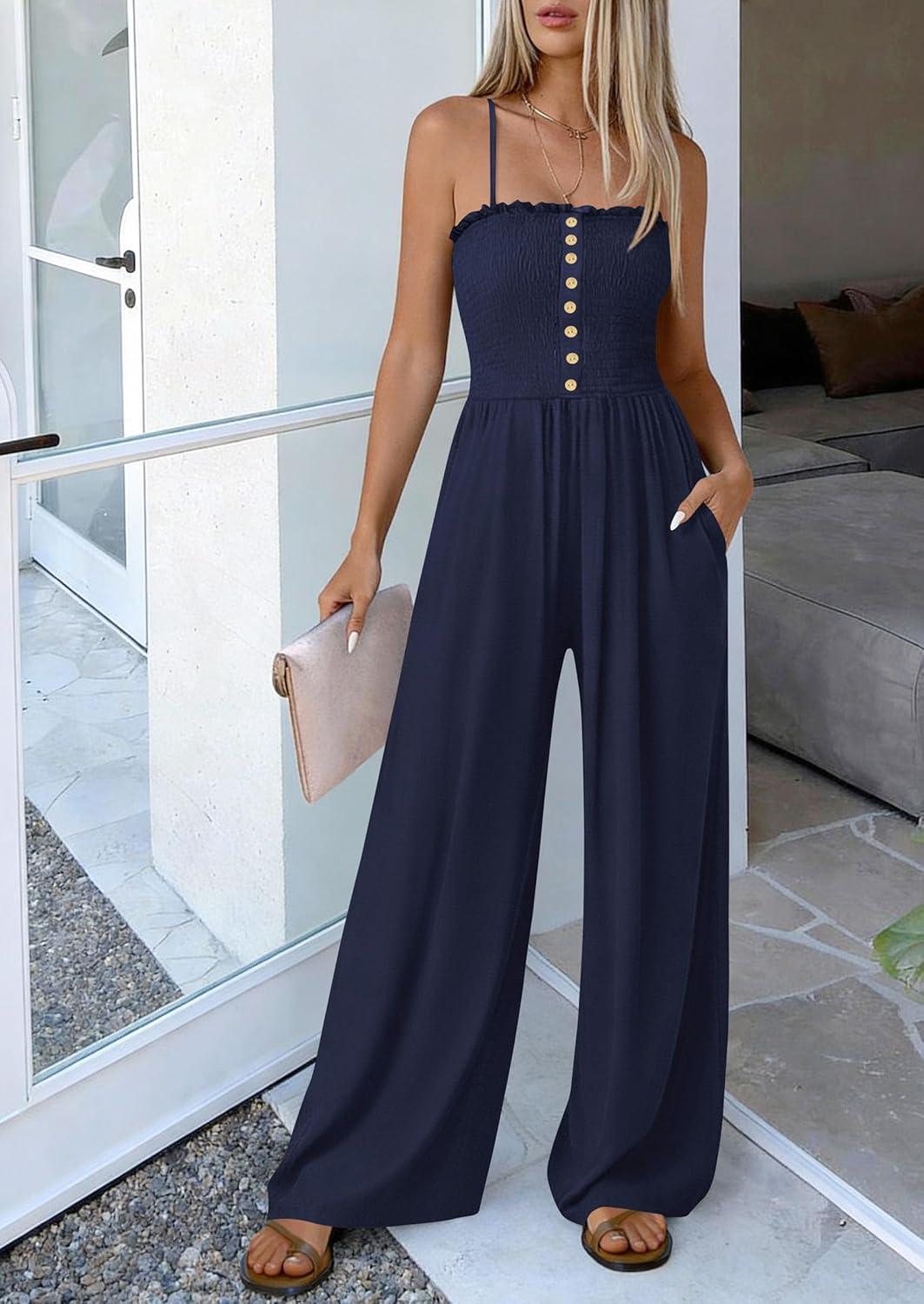 imagePRETTYGARDEN Jumpsuits for Women Dressy 2026 Summer Sleeveless Casual Wide Leg Rompers Spring Cruise Vacation OutfitsNavy Blue