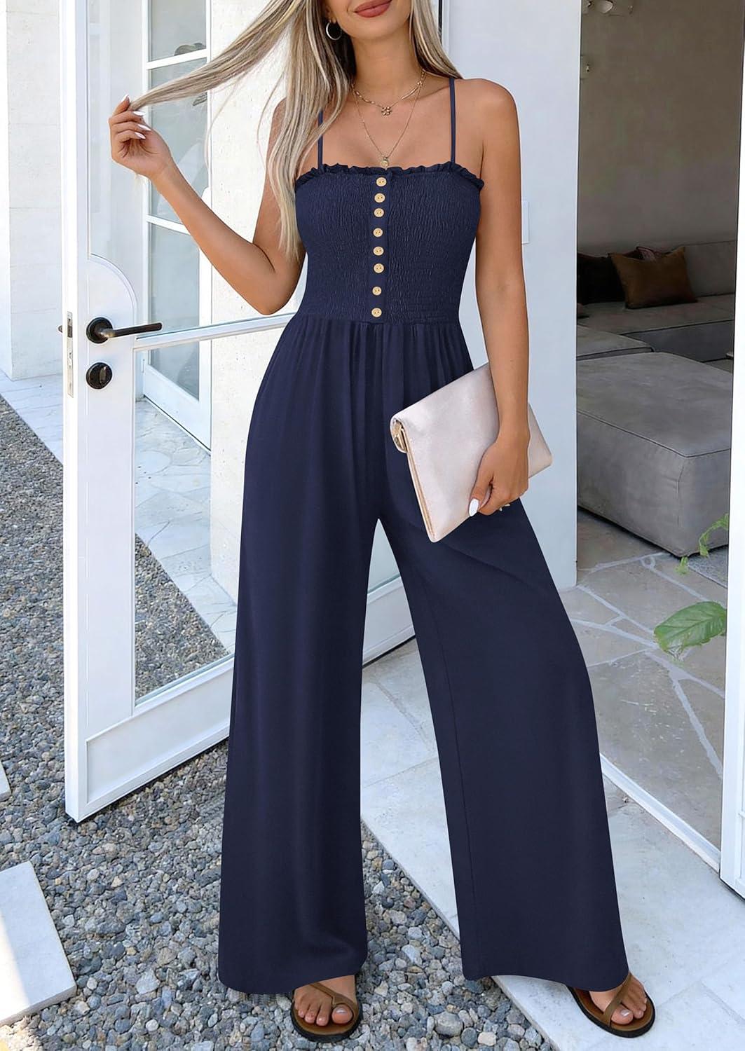 imagePRETTYGARDEN Jumpsuits for Women Dressy 2026 Summer Sleeveless Casual Wide Leg Rompers Spring Cruise Vacation OutfitsNavy Blue