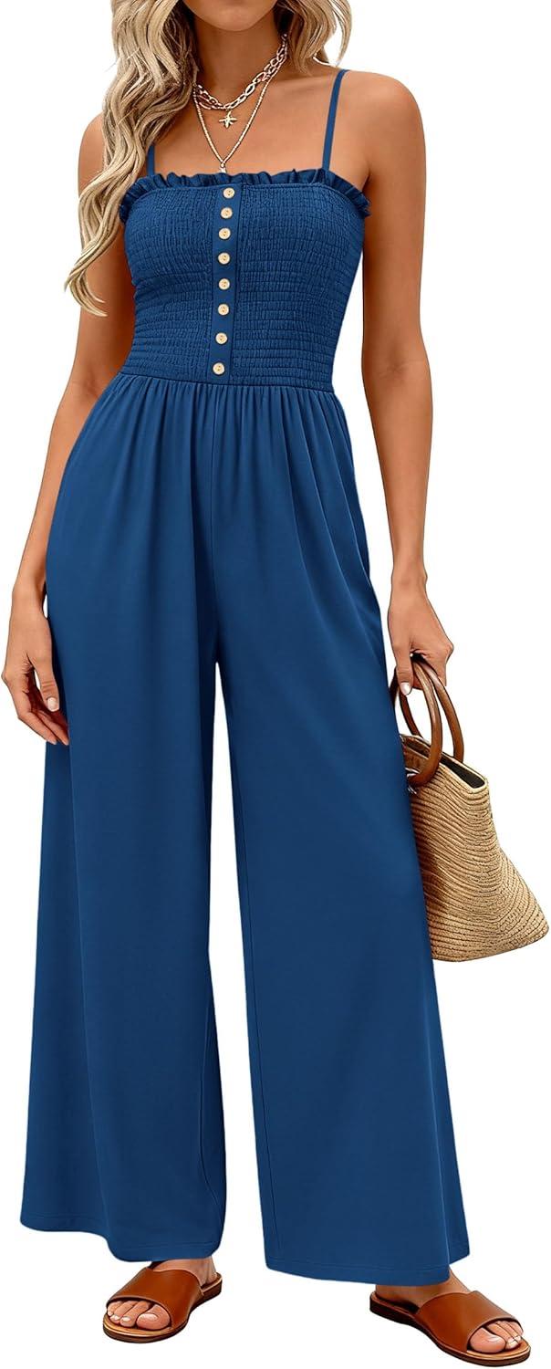 imagePRETTYGARDEN Jumpsuits for Women Dressy 2026 Summer Sleeveless Casual Wide Leg Rompers Spring Cruise Vacation OutfitsNavy Blue