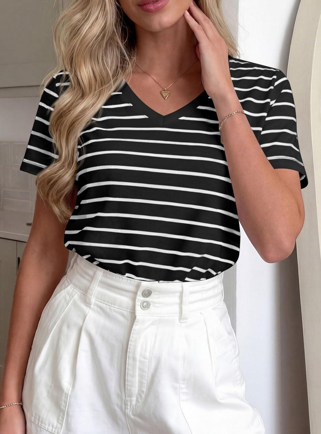 imagePRETTYGARDEN Short Sleeve Shirts for Women 2026 Spring V Neck Cute Tops Casual Striped Shirt Knitted Tees Summer OutfitsStriped Black White