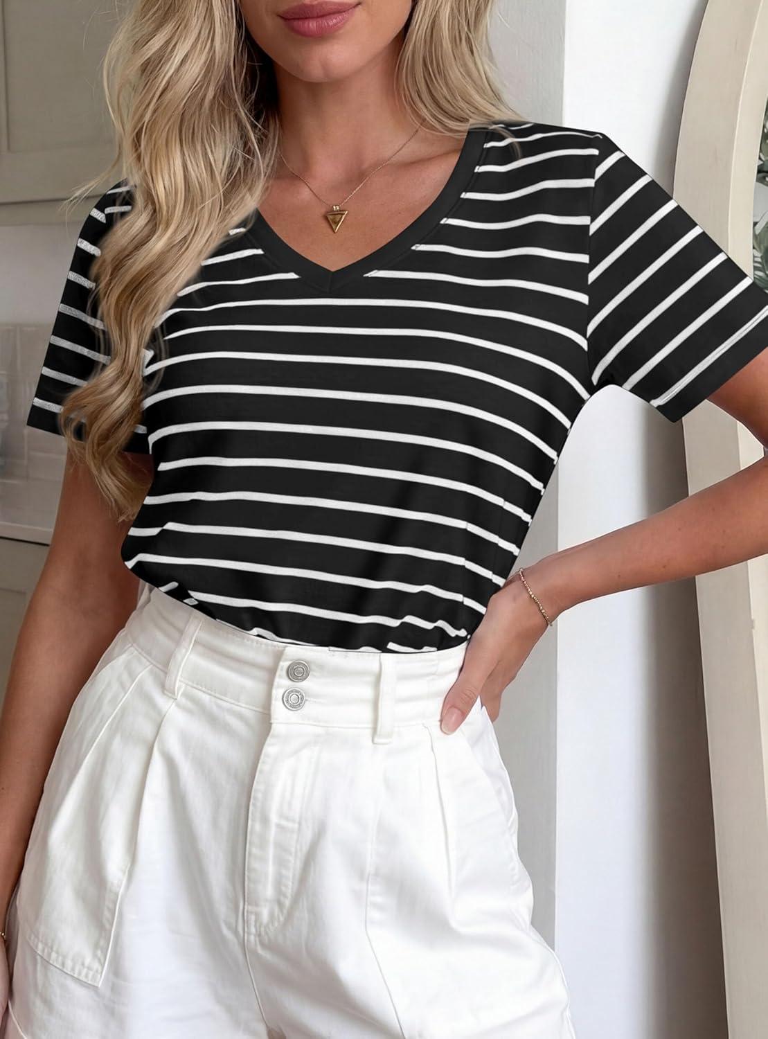 imagePRETTYGARDEN Short Sleeve Shirts for Women 2026 Spring V Neck Cute Tops Casual Striped Shirt Knitted Tees Summer OutfitsStriped Black White