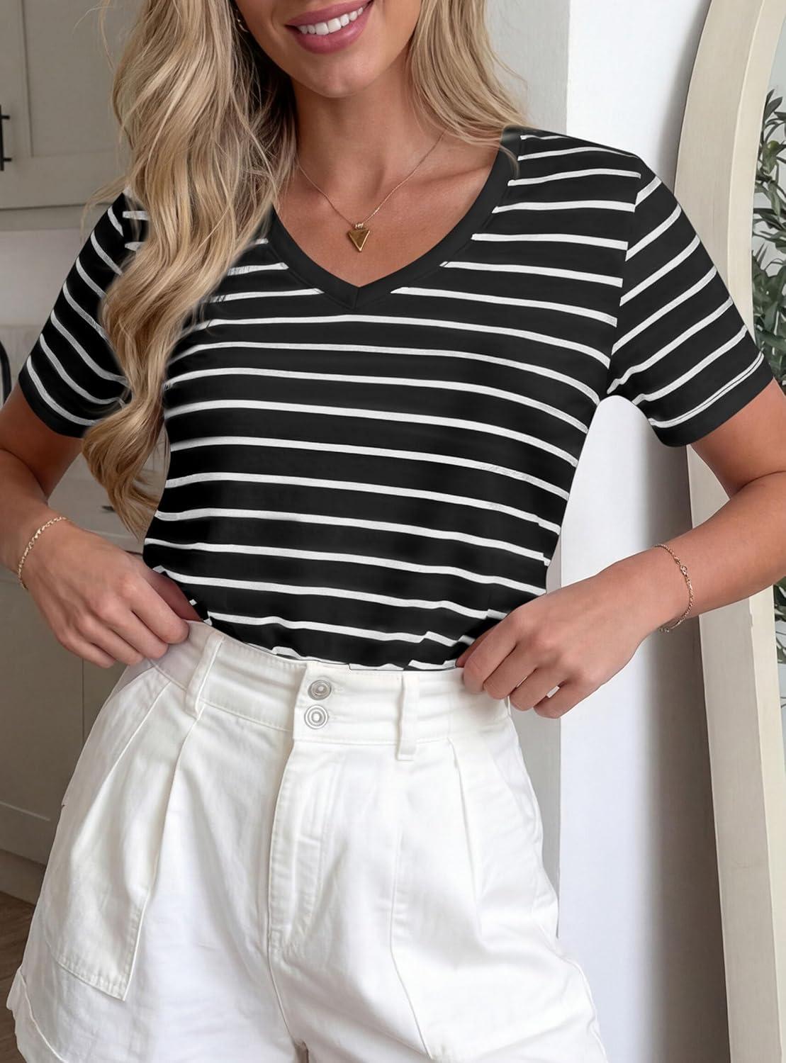imagePRETTYGARDEN Short Sleeve Shirts for Women 2026 Spring V Neck Cute Tops Casual Striped Shirt Knitted Tees Summer OutfitsStriped Black White