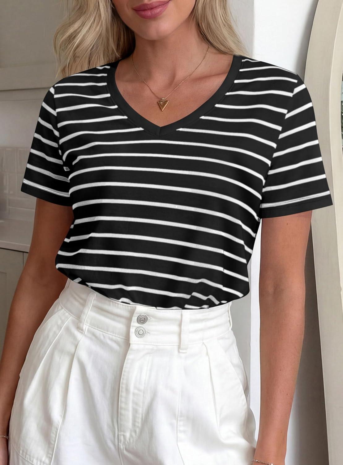 imagePRETTYGARDEN Short Sleeve Shirts for Women 2026 Spring V Neck Cute Tops Casual Striped Shirt Knitted Tees Summer OutfitsStriped Black White