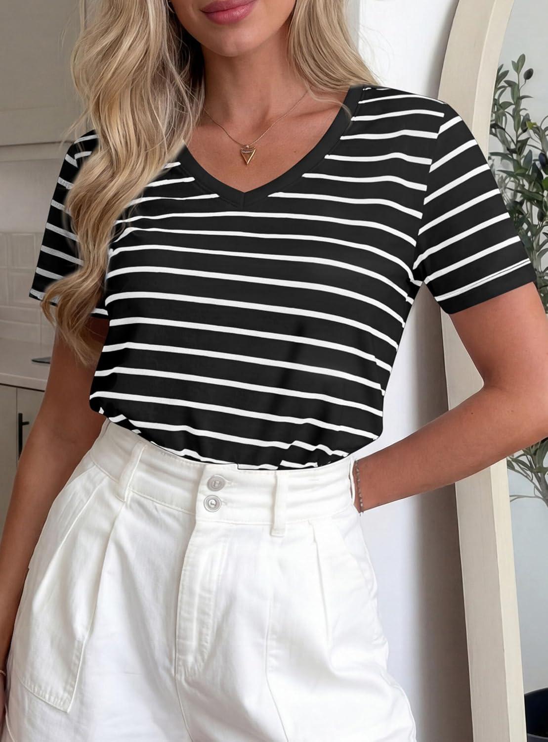 imagePRETTYGARDEN Short Sleeve Shirts for Women 2026 Spring V Neck Cute Tops Casual Striped Shirt Knitted Tees Summer OutfitsStriped Black White