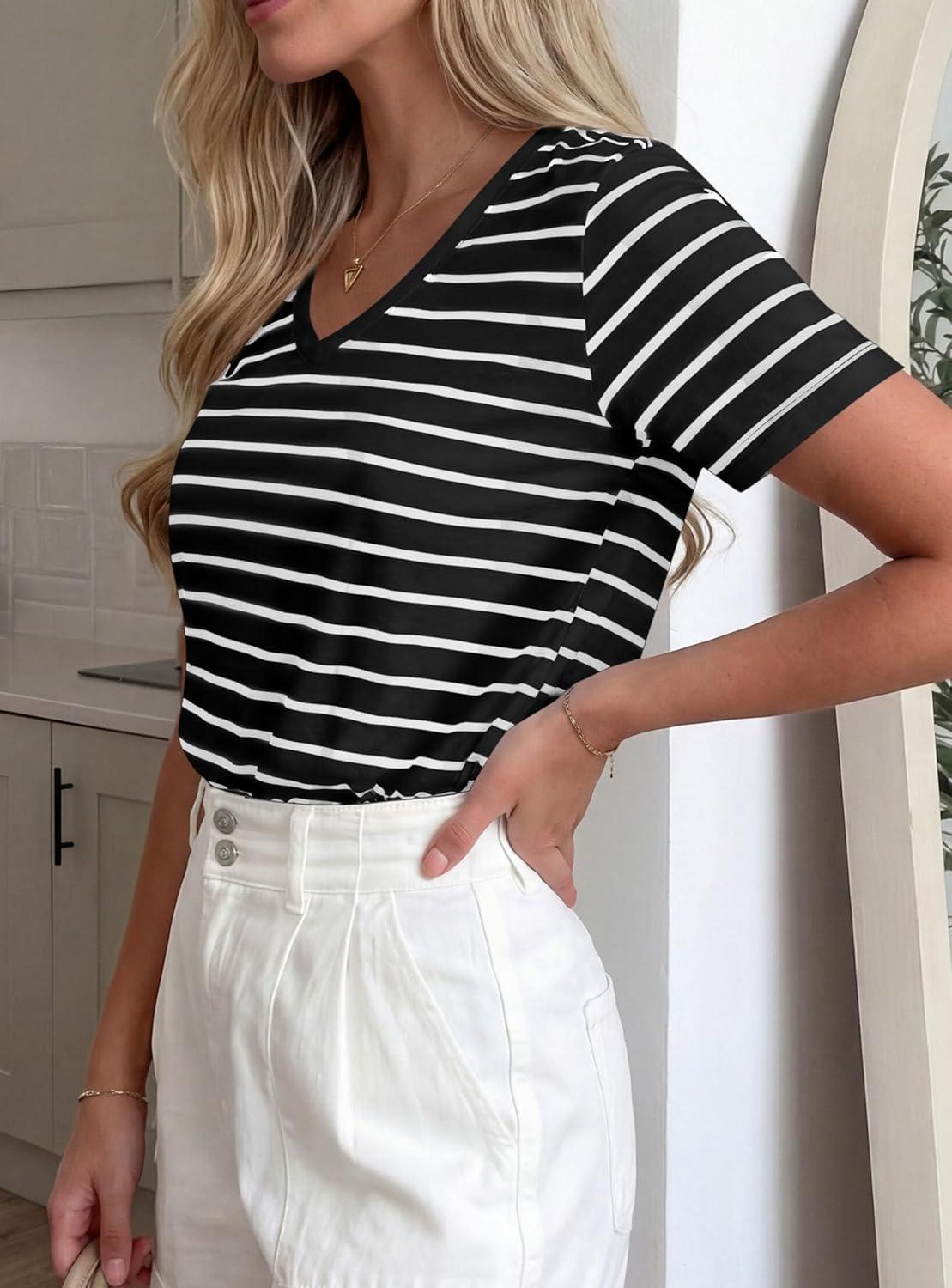imagePRETTYGARDEN Short Sleeve Shirts for Women 2026 Spring V Neck Cute Tops Casual Striped Shirt Knitted Tees Summer OutfitsStriped Black White