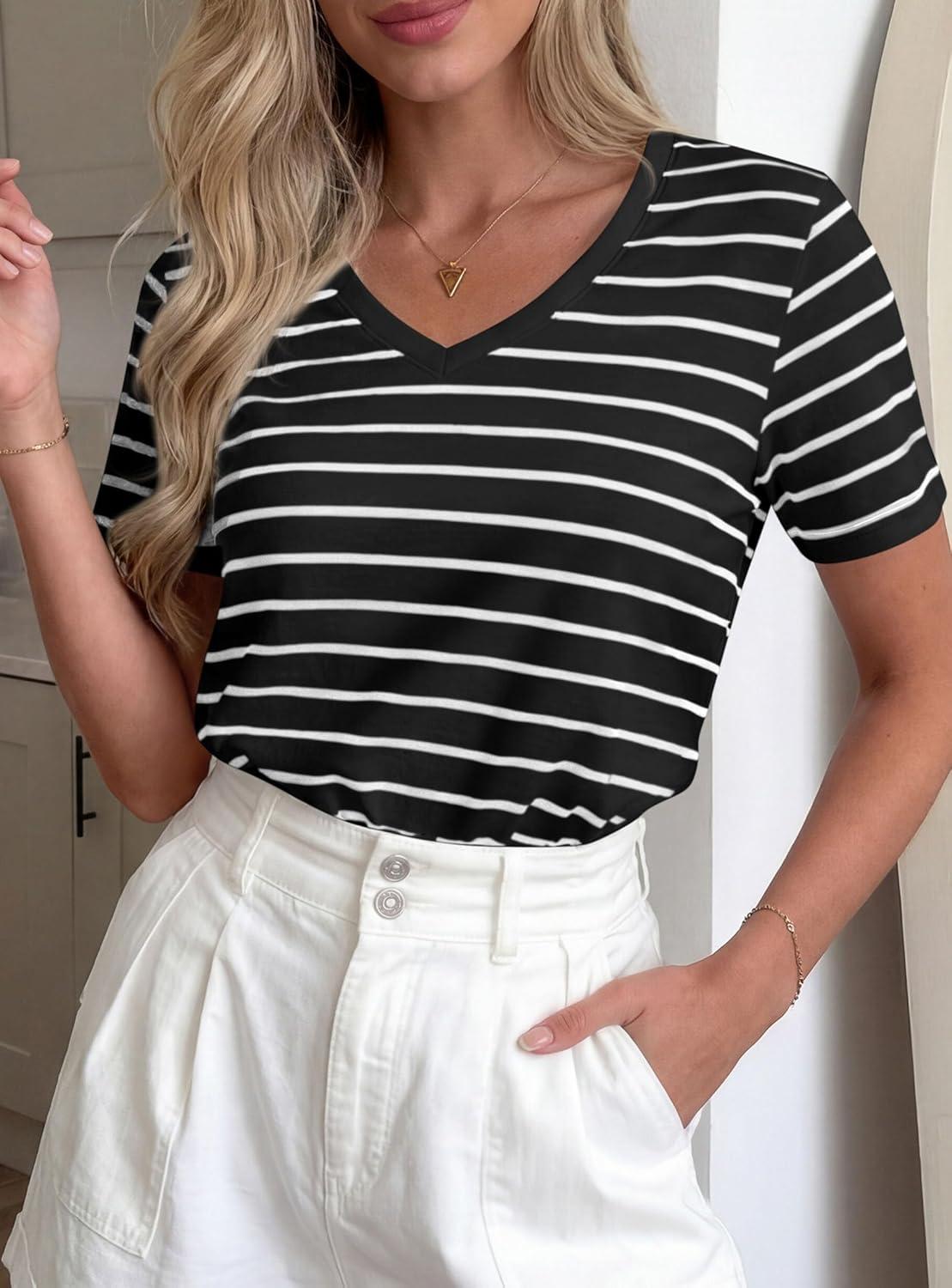 imagePRETTYGARDEN Short Sleeve Shirts for Women 2026 Spring V Neck Cute Tops Casual Striped Shirt Knitted Tees Summer OutfitsStriped Black White