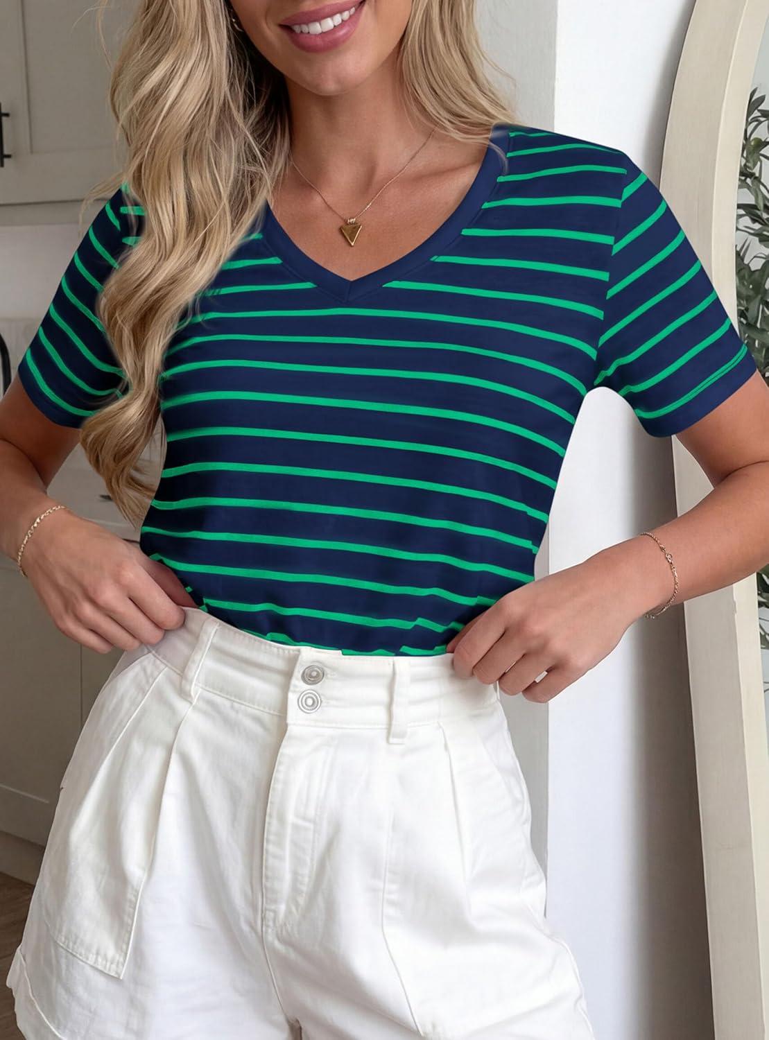 imagePRETTYGARDEN Short Sleeve Shirts for Women 2026 Spring V Neck Cute Tops Casual Striped Shirt Knitted Tees Summer OutfitsStriped Blue Green