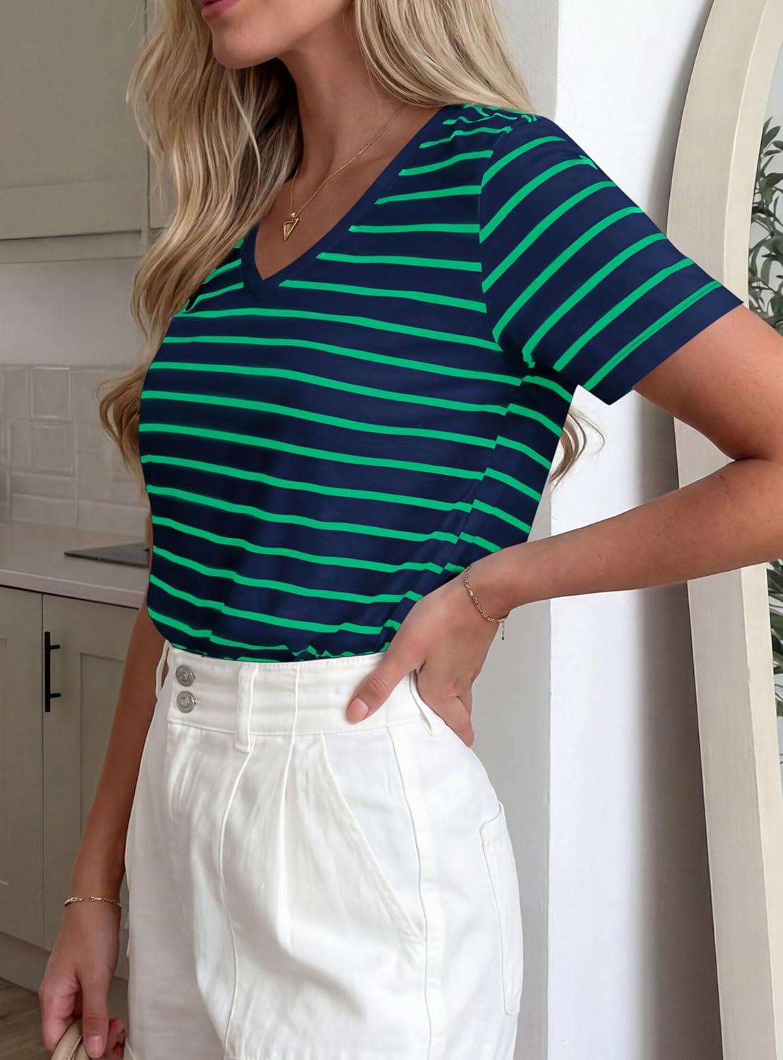 imagePRETTYGARDEN Short Sleeve Shirts for Women 2026 Spring V Neck Cute Tops Casual Striped Shirt Knitted Tees Summer OutfitsStriped Blue Green