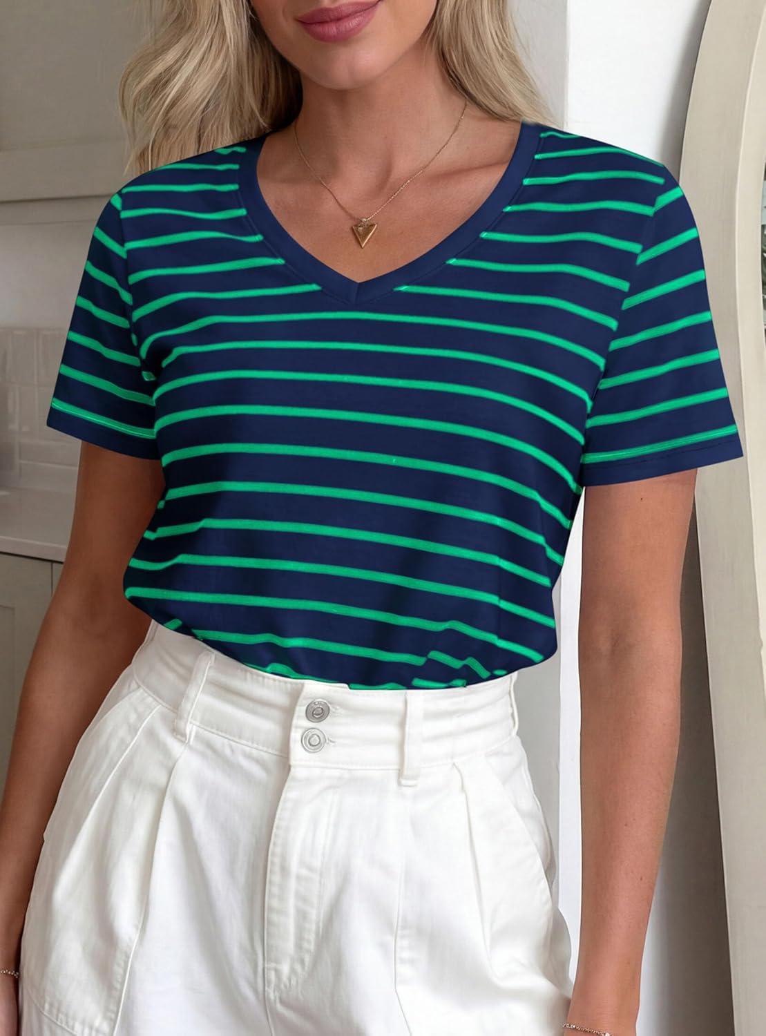 imagePRETTYGARDEN Short Sleeve Shirts for Women 2026 Spring V Neck Cute Tops Casual Striped Shirt Knitted Tees Summer OutfitsStriped Blue Green