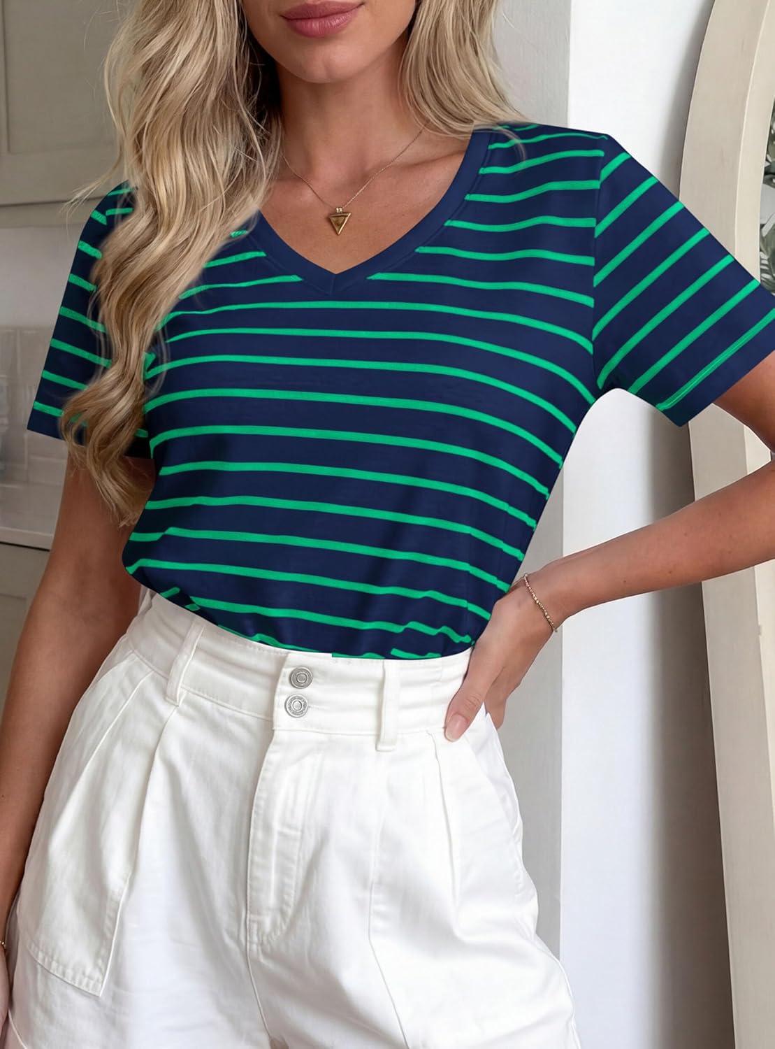 imagePRETTYGARDEN Short Sleeve Shirts for Women 2026 Spring V Neck Cute Tops Casual Striped Shirt Knitted Tees Summer OutfitsStriped Blue Green