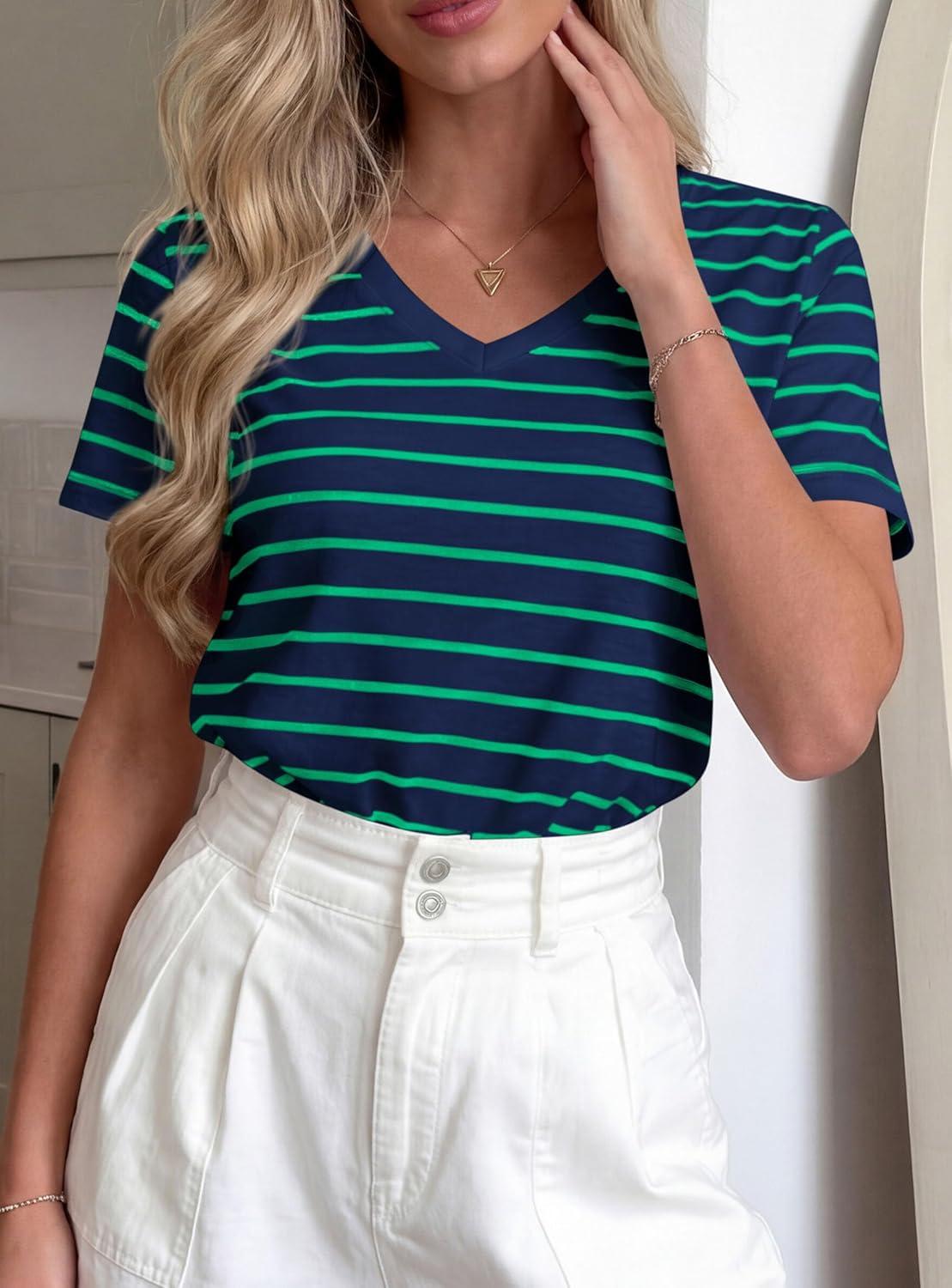 imagePRETTYGARDEN Short Sleeve Shirts for Women 2026 Spring V Neck Cute Tops Casual Striped Shirt Knitted Tees Summer OutfitsStriped Blue Green