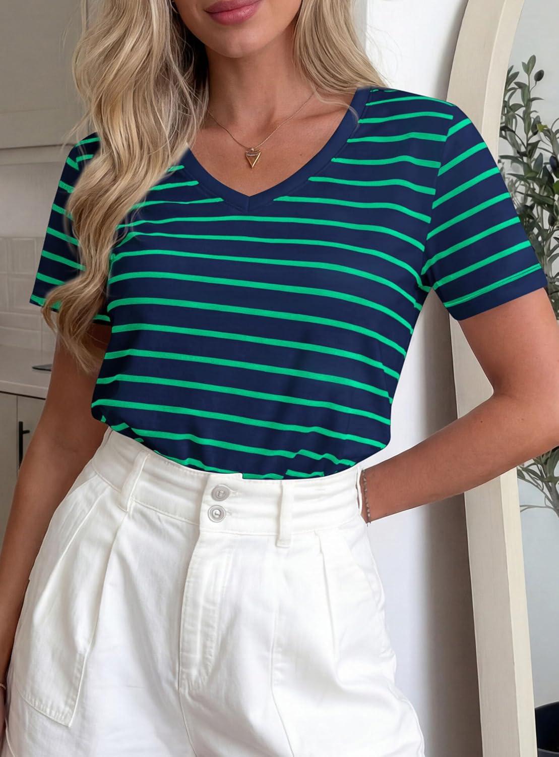 imagePRETTYGARDEN Short Sleeve Shirts for Women 2026 Spring V Neck Cute Tops Casual Striped Shirt Knitted Tees Summer OutfitsStriped Blue Green