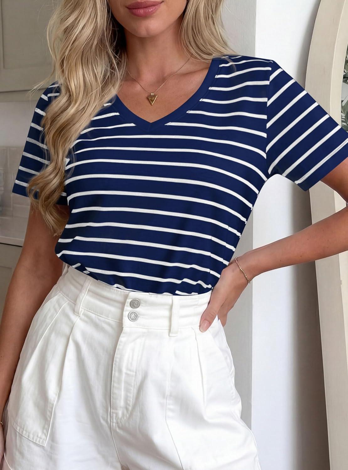 imagePRETTYGARDEN Short Sleeve Shirts for Women 2026 Spring V Neck Cute Tops Casual Striped Shirt Knitted Tees Summer OutfitsStriped Grey Blue White