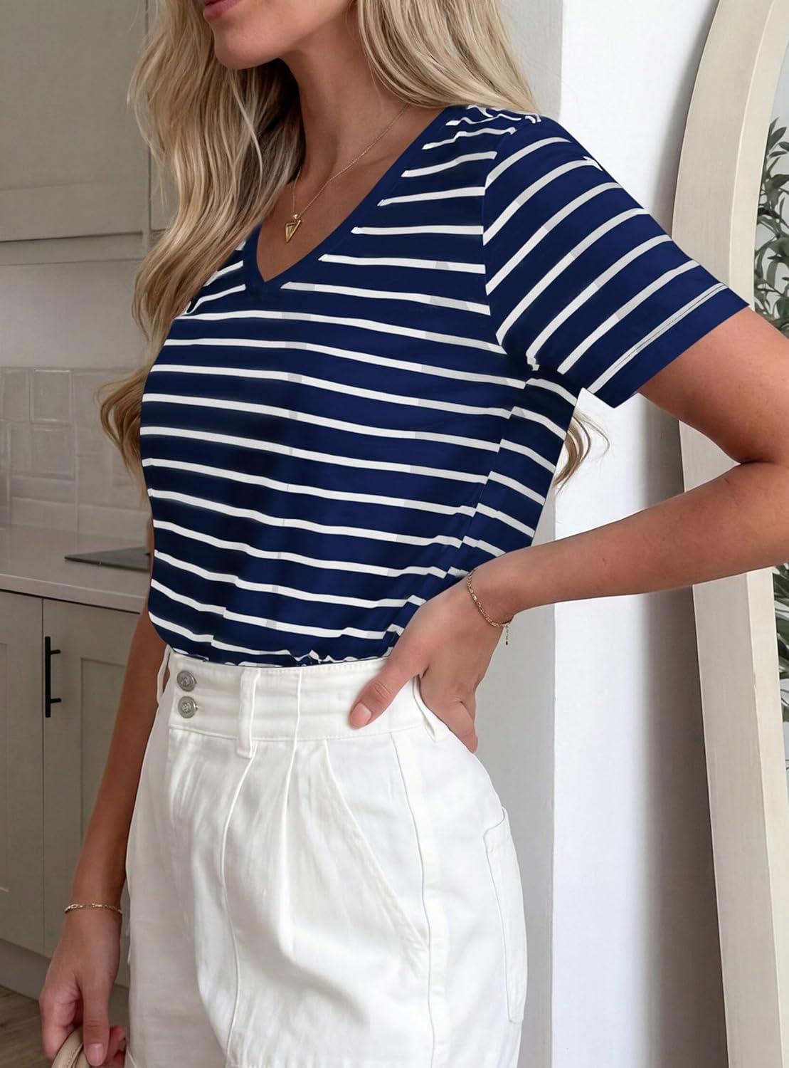 imagePRETTYGARDEN Short Sleeve Shirts for Women 2026 Spring V Neck Cute Tops Casual Striped Shirt Knitted Tees Summer OutfitsStriped Grey Blue White