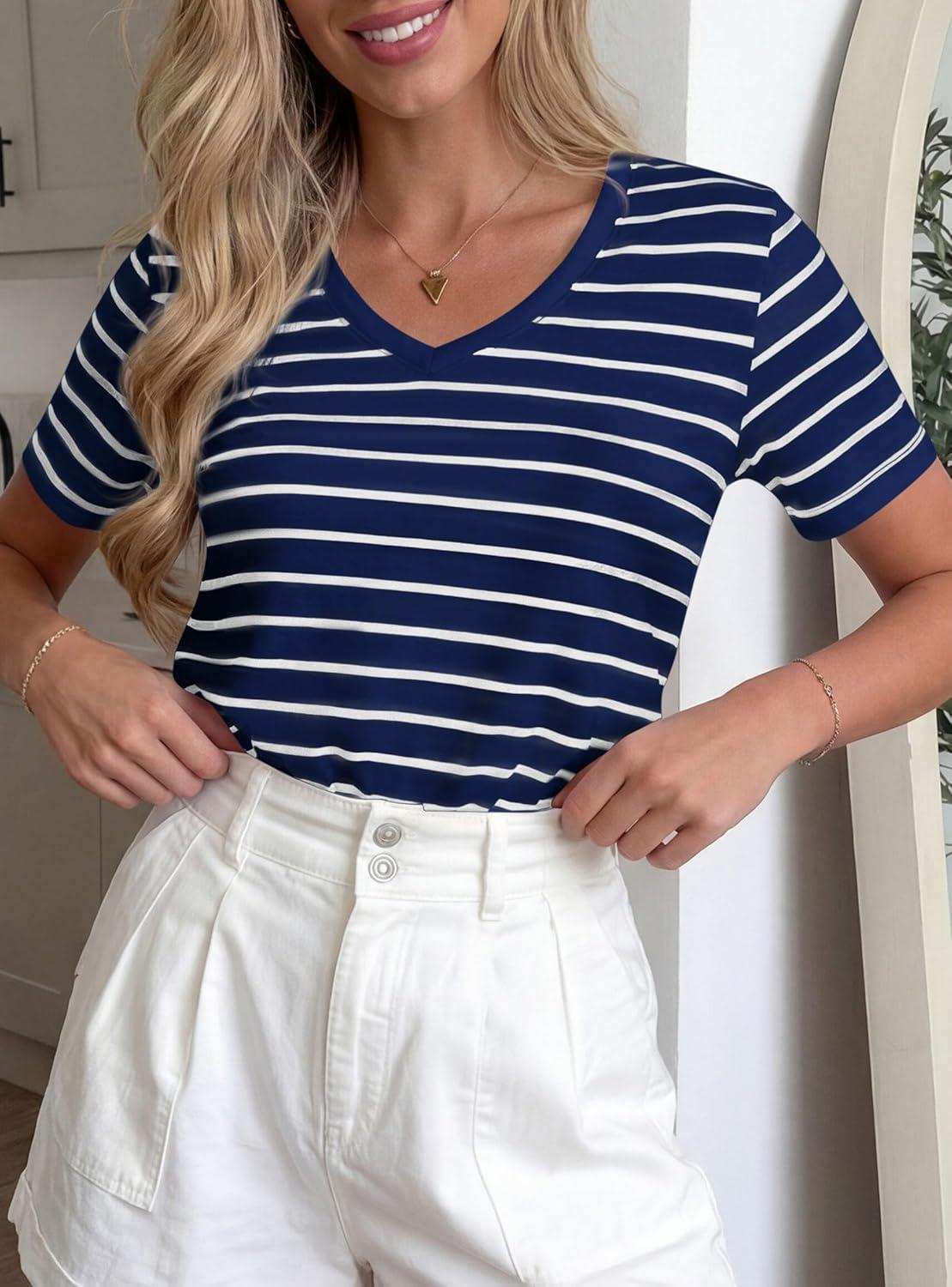 imagePRETTYGARDEN Short Sleeve Shirts for Women 2026 Spring V Neck Cute Tops Casual Striped Shirt Knitted Tees Summer OutfitsStriped Grey Blue White