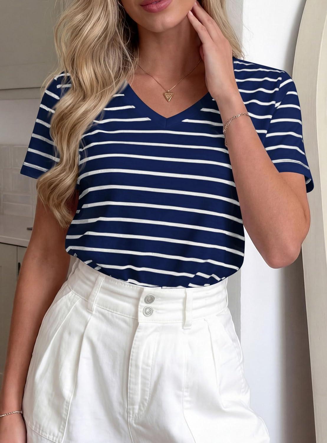 imagePRETTYGARDEN Short Sleeve Shirts for Women 2026 Spring V Neck Cute Tops Casual Striped Shirt Knitted Tees Summer OutfitsStriped Grey Blue White