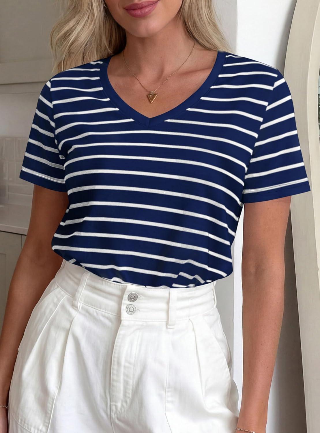 imagePRETTYGARDEN Short Sleeve Shirts for Women 2026 Spring V Neck Cute Tops Casual Striped Shirt Knitted Tees Summer OutfitsStriped Grey Blue White