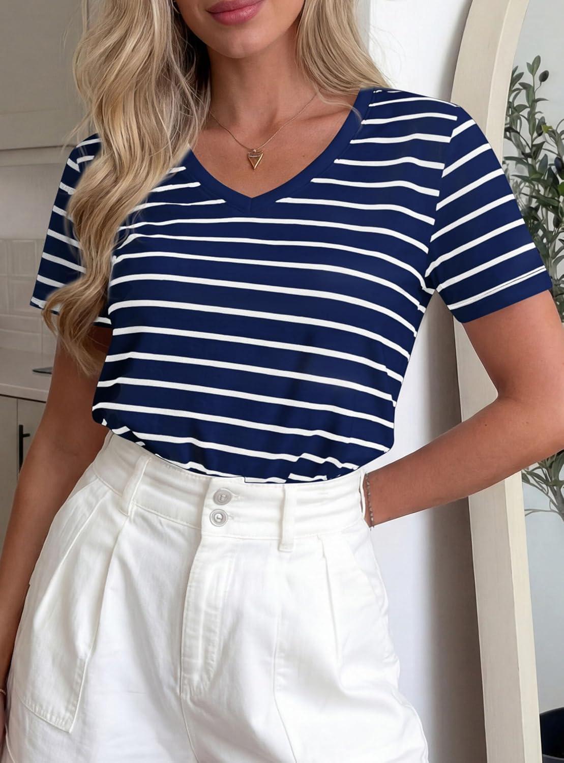 imagePRETTYGARDEN Short Sleeve Shirts for Women 2026 Spring V Neck Cute Tops Casual Striped Shirt Knitted Tees Summer OutfitsStriped Grey Blue White