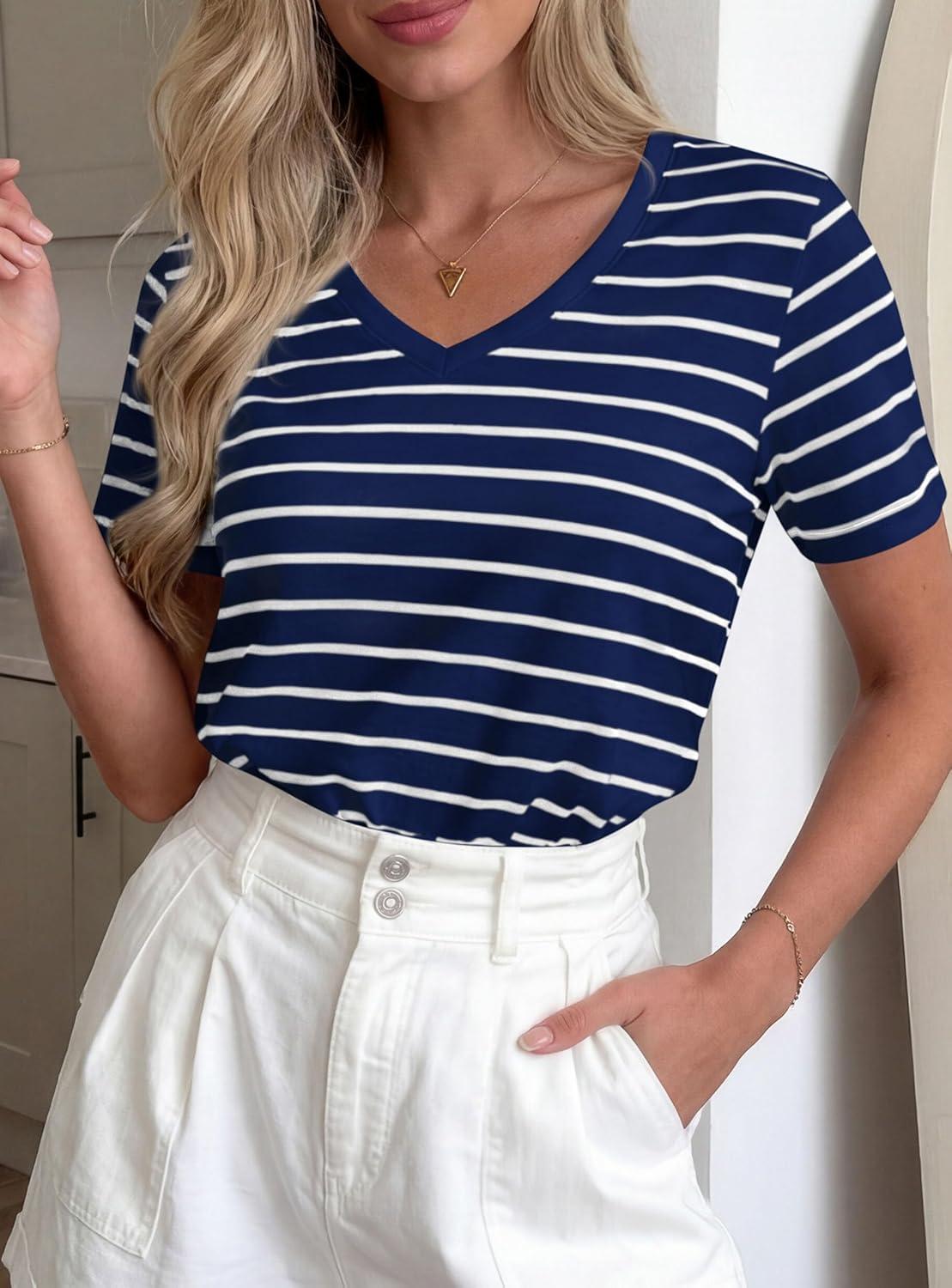 imagePRETTYGARDEN Short Sleeve Shirts for Women 2026 Spring V Neck Cute Tops Casual Striped Shirt Knitted Tees Summer OutfitsStriped Grey Blue White
