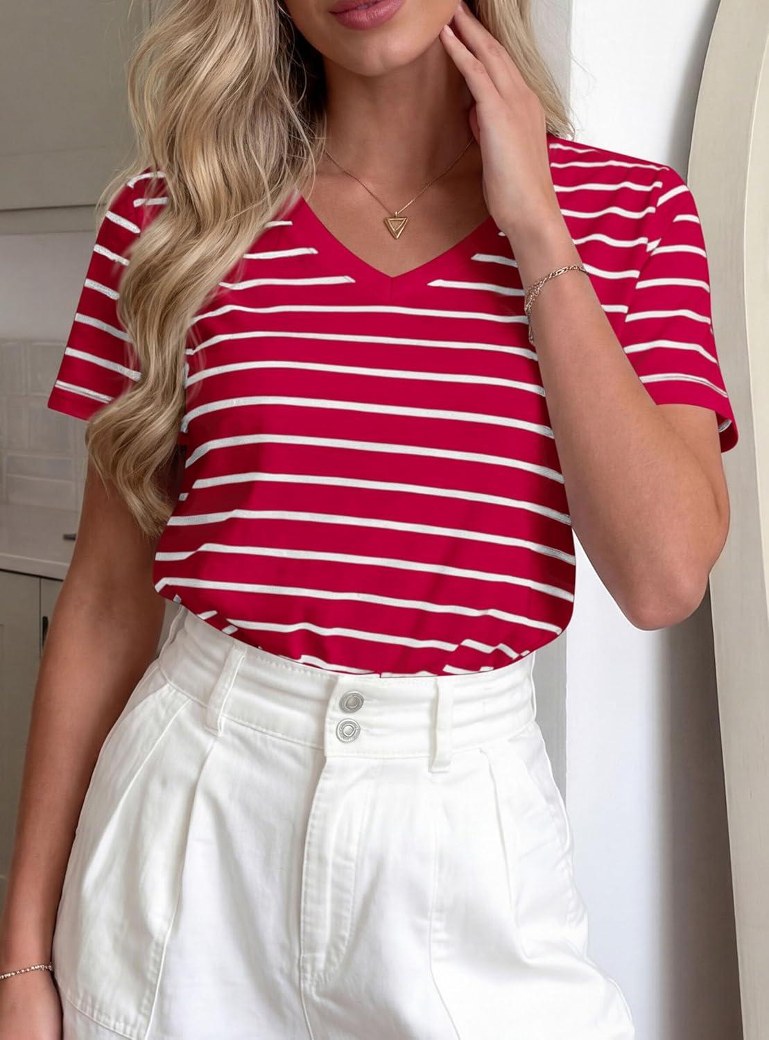 imagePRETTYGARDEN Short Sleeve Shirts for Women 2026 Spring V Neck Cute Tops Casual Striped Shirt Knitted Tees Summer OutfitsStriped Red White