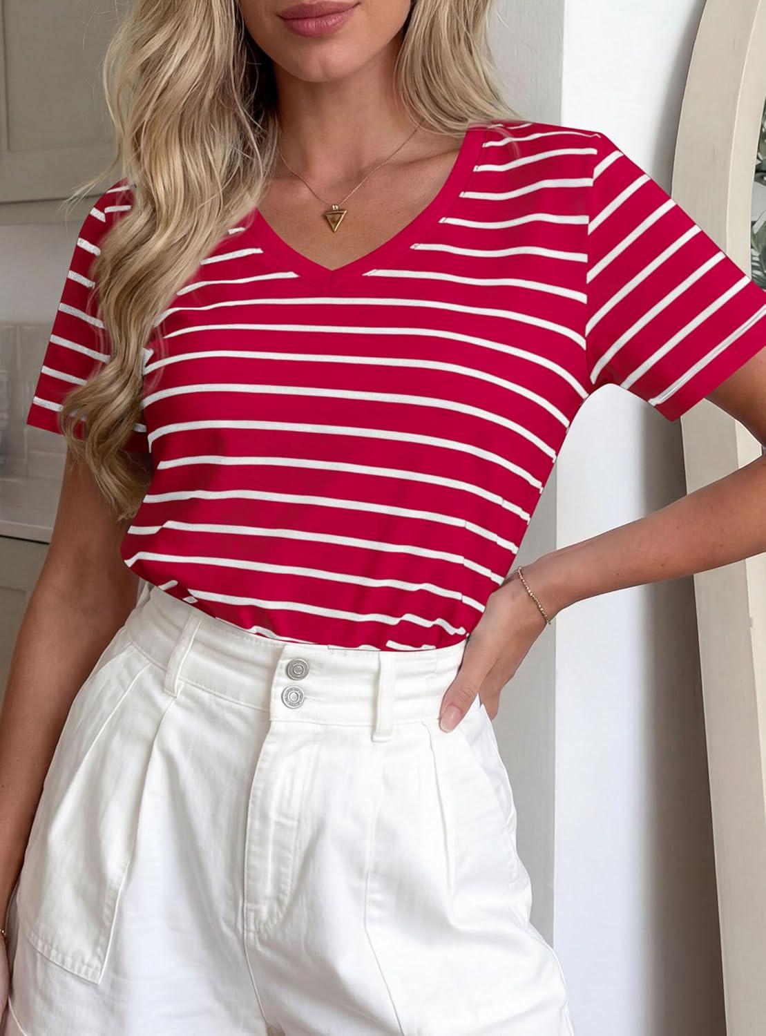 imagePRETTYGARDEN Short Sleeve Shirts for Women 2026 Spring V Neck Cute Tops Casual Striped Shirt Knitted Tees Summer OutfitsStriped Red White