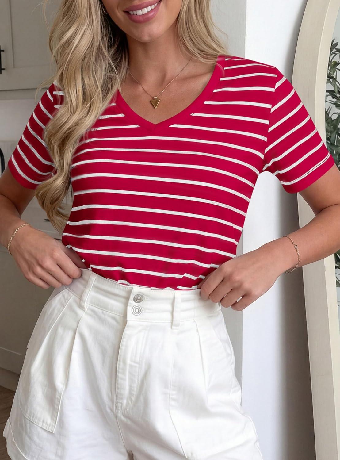 imagePRETTYGARDEN Short Sleeve Shirts for Women 2026 Spring V Neck Cute Tops Casual Striped Shirt Knitted Tees Summer OutfitsStriped Red White