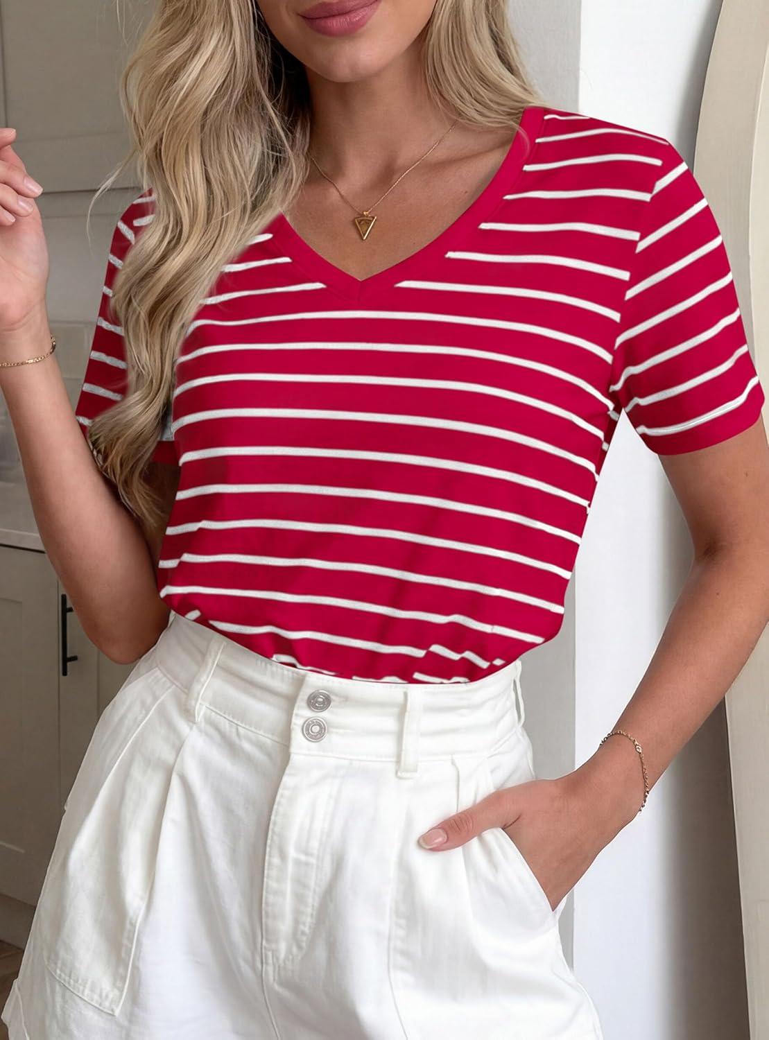 imagePRETTYGARDEN Short Sleeve Shirts for Women 2026 Spring V Neck Cute Tops Casual Striped Shirt Knitted Tees Summer OutfitsStriped Red White