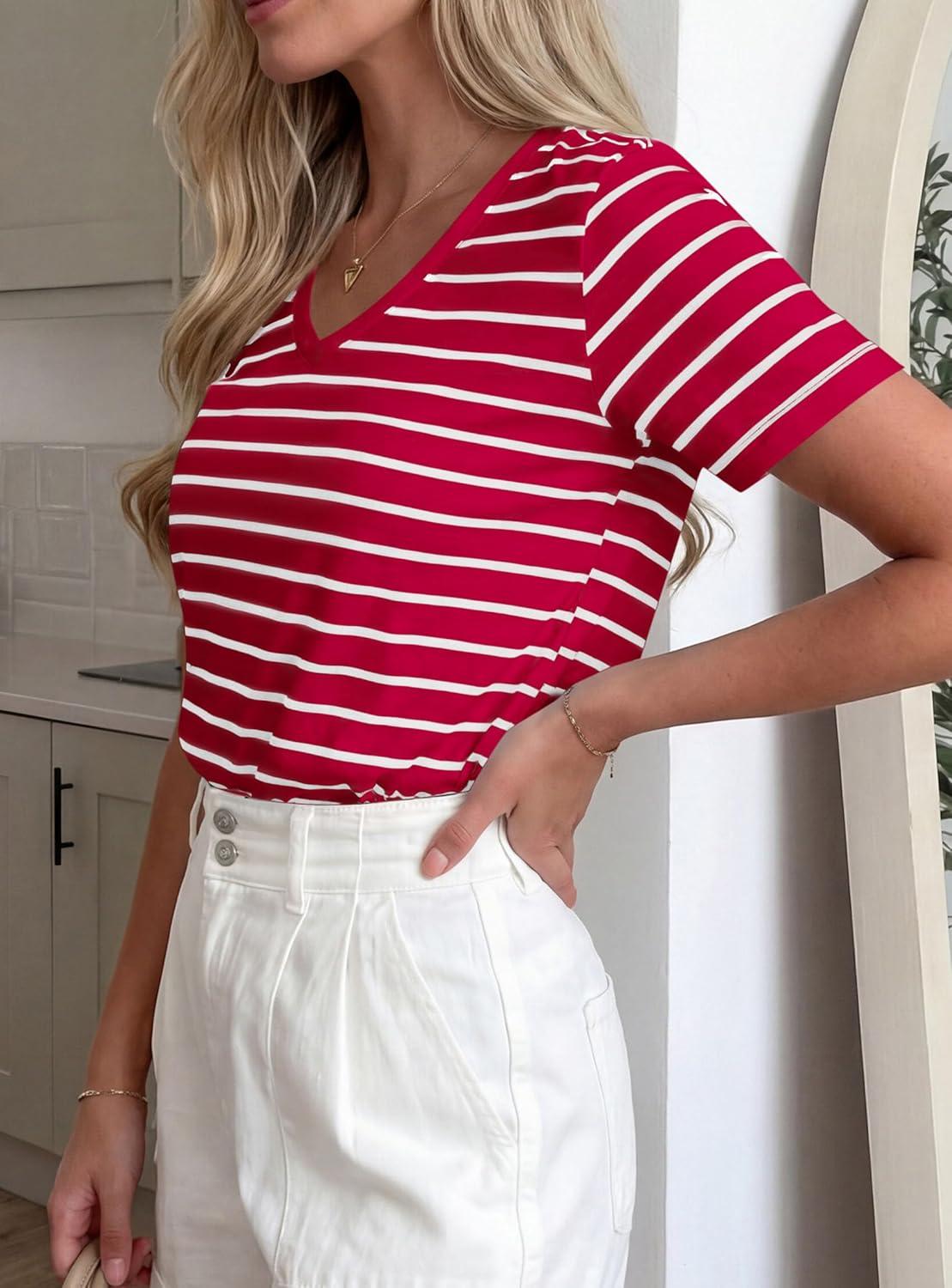 imagePRETTYGARDEN Short Sleeve Shirts for Women 2026 Spring V Neck Cute Tops Casual Striped Shirt Knitted Tees Summer OutfitsStriped Red White