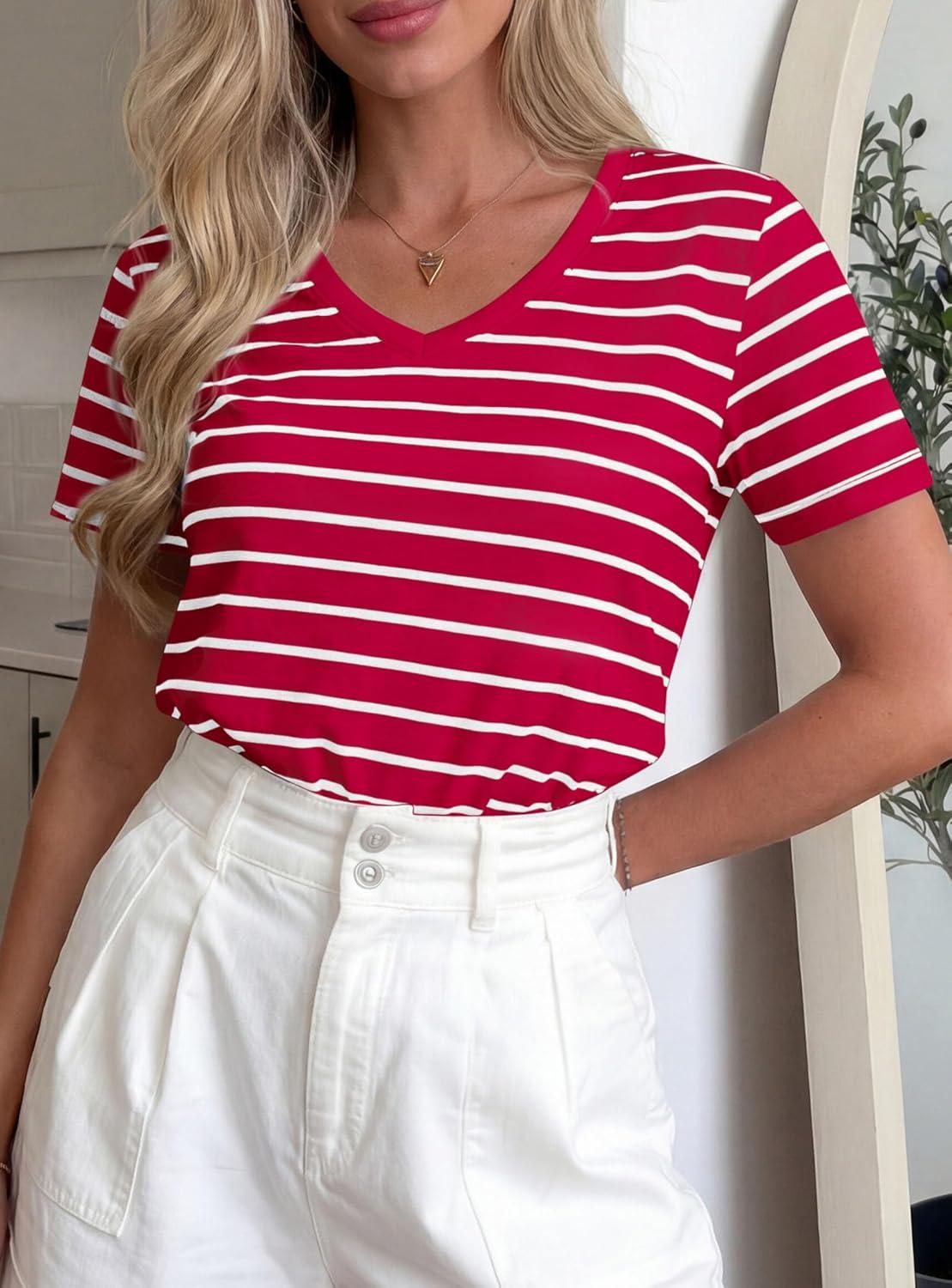 imagePRETTYGARDEN Short Sleeve Shirts for Women 2026 Spring V Neck Cute Tops Casual Striped Shirt Knitted Tees Summer OutfitsStriped Red White