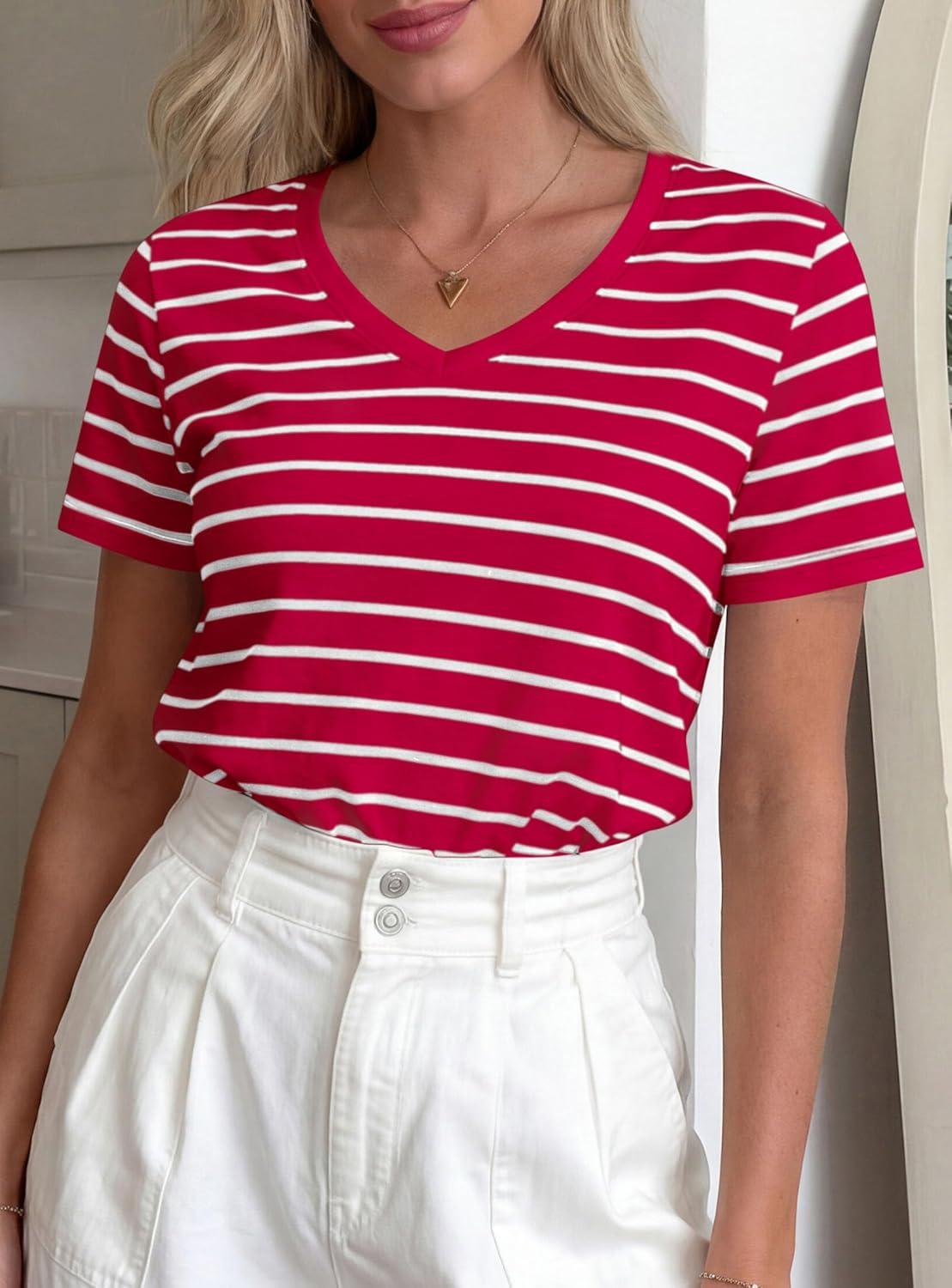 imagePRETTYGARDEN Short Sleeve Shirts for Women 2026 Spring V Neck Cute Tops Casual Striped Shirt Knitted Tees Summer OutfitsStriped Red White
