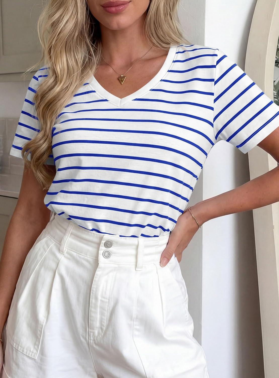 imagePRETTYGARDEN Short Sleeve Shirts for Women 2026 Spring V Neck Cute Tops Casual Striped Shirt Knitted Tees Summer OutfitsStriped White Blue