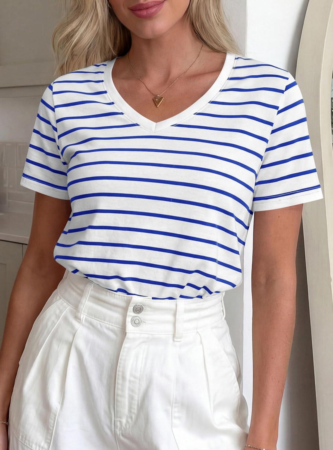 imagePRETTYGARDEN Short Sleeve Shirts for Women 2026 Spring V Neck Cute Tops Casual Striped Shirt Knitted Tees Summer OutfitsStriped White Blue