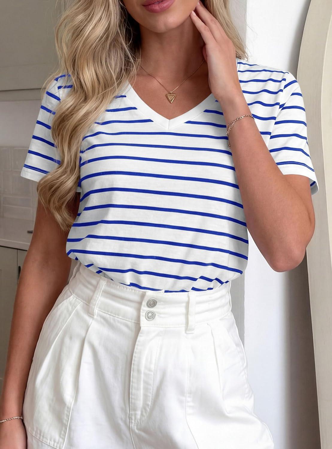 imagePRETTYGARDEN Short Sleeve Shirts for Women 2026 Spring V Neck Cute Tops Casual Striped Shirt Knitted Tees Summer OutfitsStriped White Blue