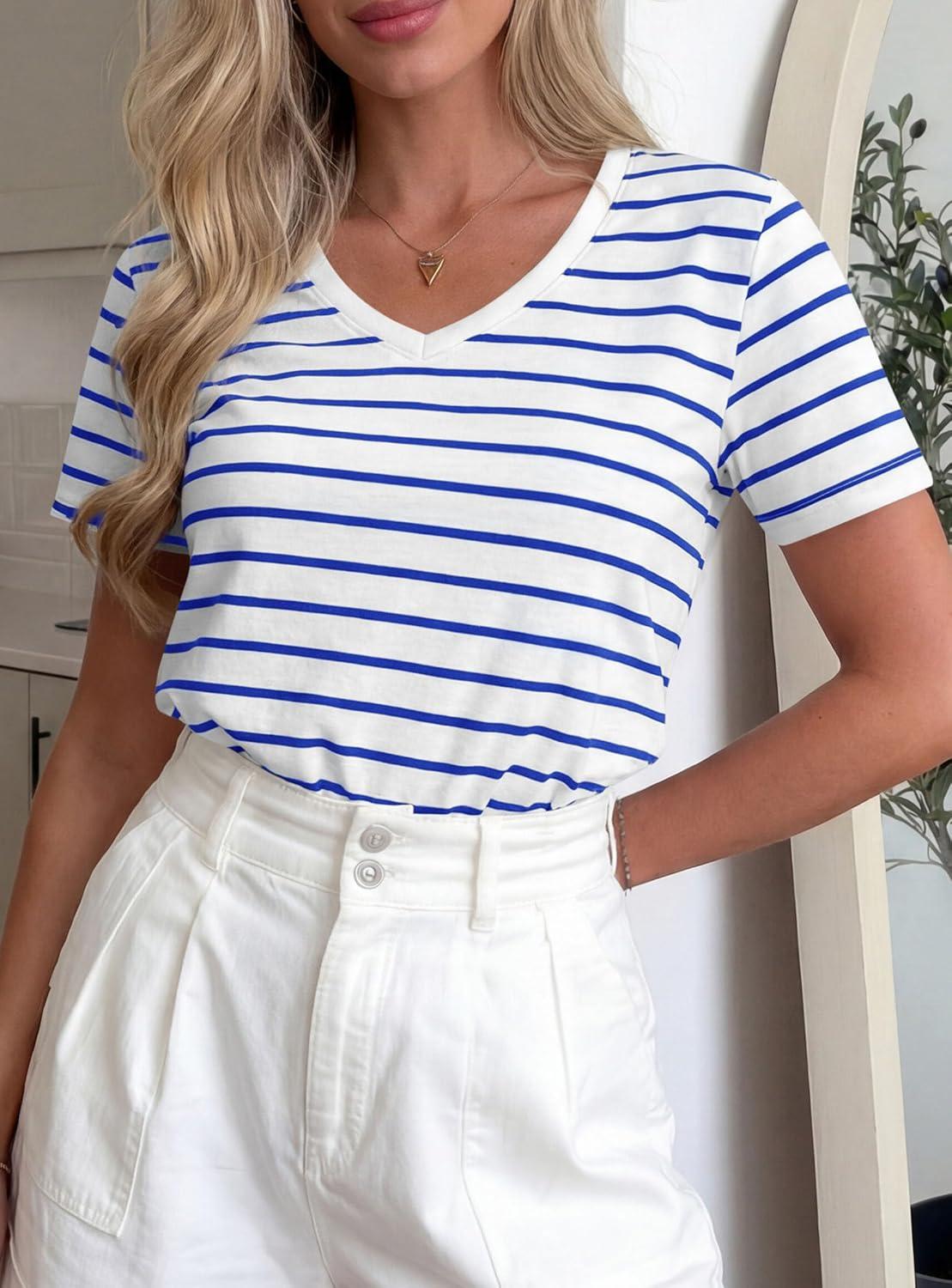 imagePRETTYGARDEN Short Sleeve Shirts for Women 2026 Spring V Neck Cute Tops Casual Striped Shirt Knitted Tees Summer OutfitsStriped White Blue