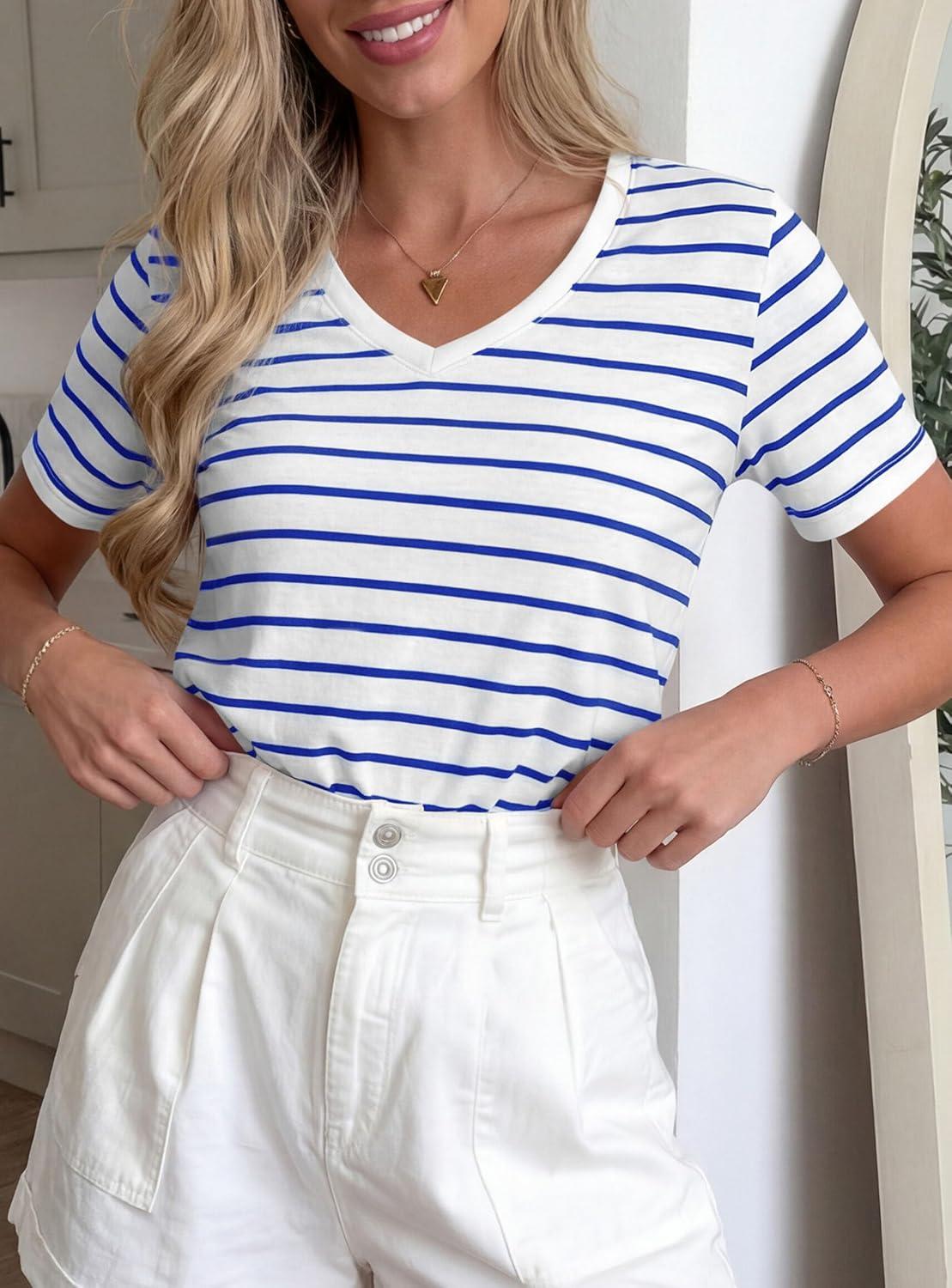 imagePRETTYGARDEN Short Sleeve Shirts for Women 2026 Spring V Neck Cute Tops Casual Striped Shirt Knitted Tees Summer OutfitsStriped White Blue