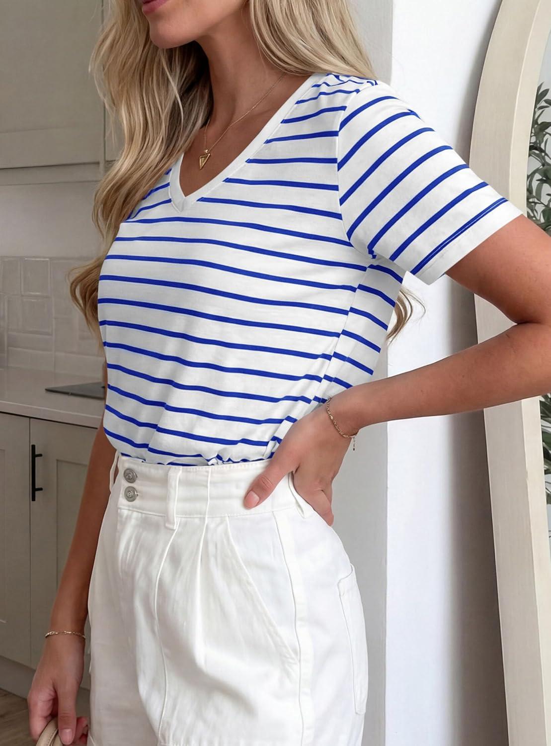 imagePRETTYGARDEN Short Sleeve Shirts for Women 2026 Spring V Neck Cute Tops Casual Striped Shirt Knitted Tees Summer OutfitsStriped White Blue