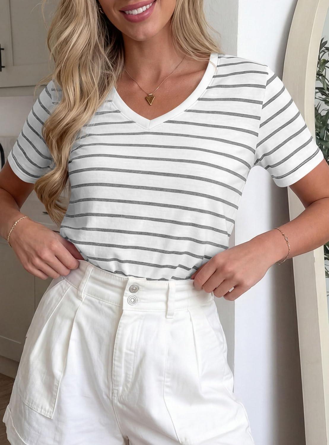 imagePRETTYGARDEN Short Sleeve Shirts for Women 2026 Spring V Neck Cute Tops Casual Striped Shirt Knitted Tees Summer OutfitsStriped White Grey