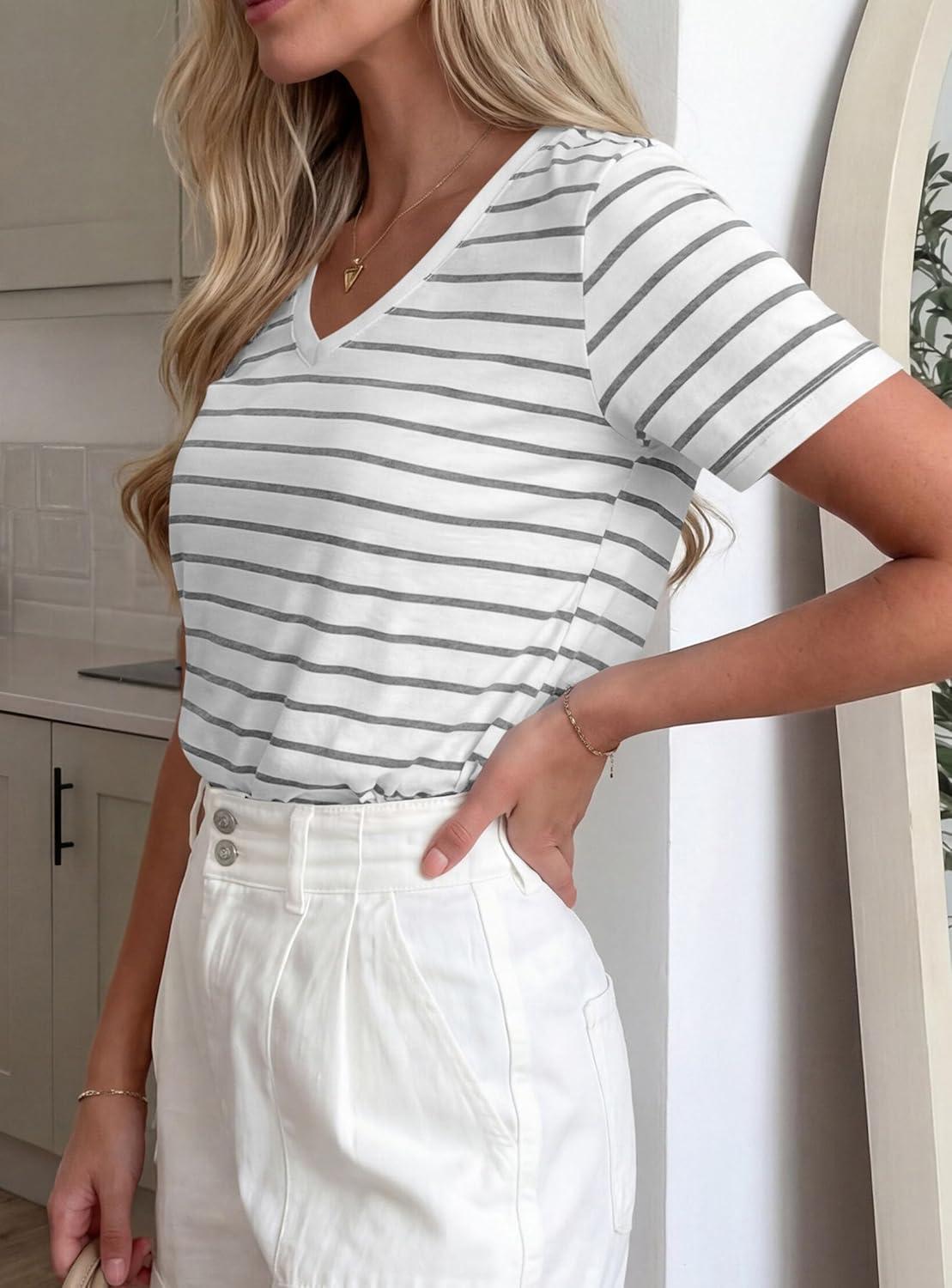 imagePRETTYGARDEN Short Sleeve Shirts for Women 2026 Spring V Neck Cute Tops Casual Striped Shirt Knitted Tees Summer OutfitsStriped White Grey