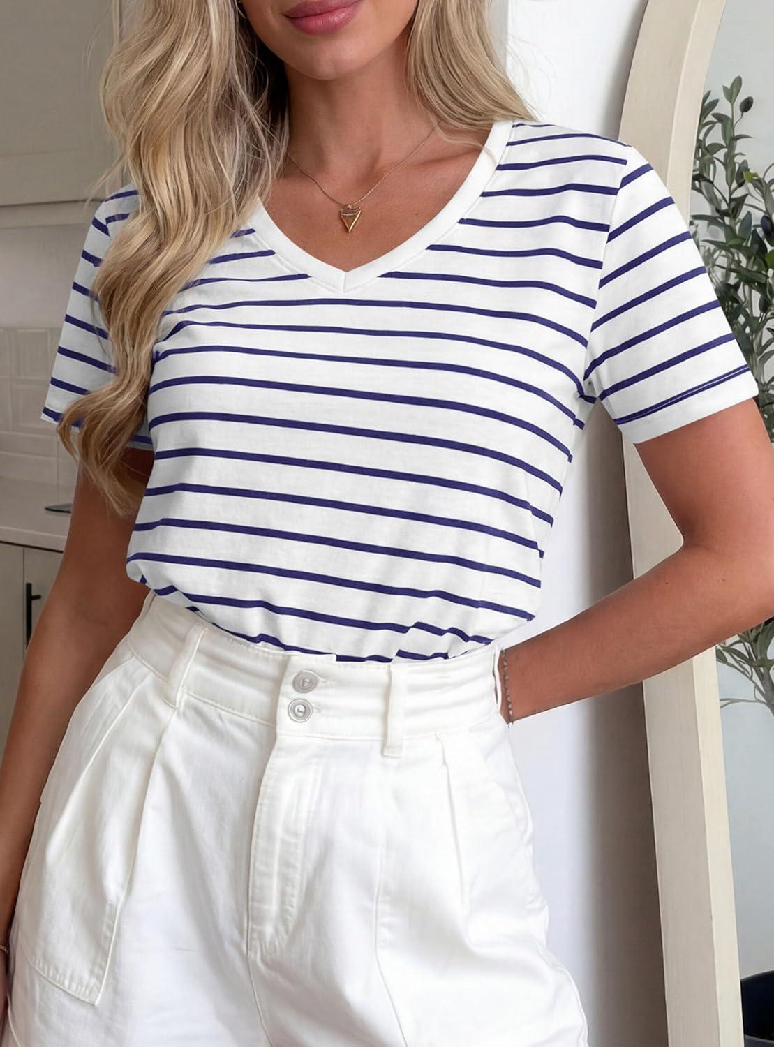 imagePRETTYGARDEN Short Sleeve Shirts for Women 2026 Spring V Neck Cute Tops Casual Striped Shirt Knitted Tees Summer OutfitsStriped White Navy
