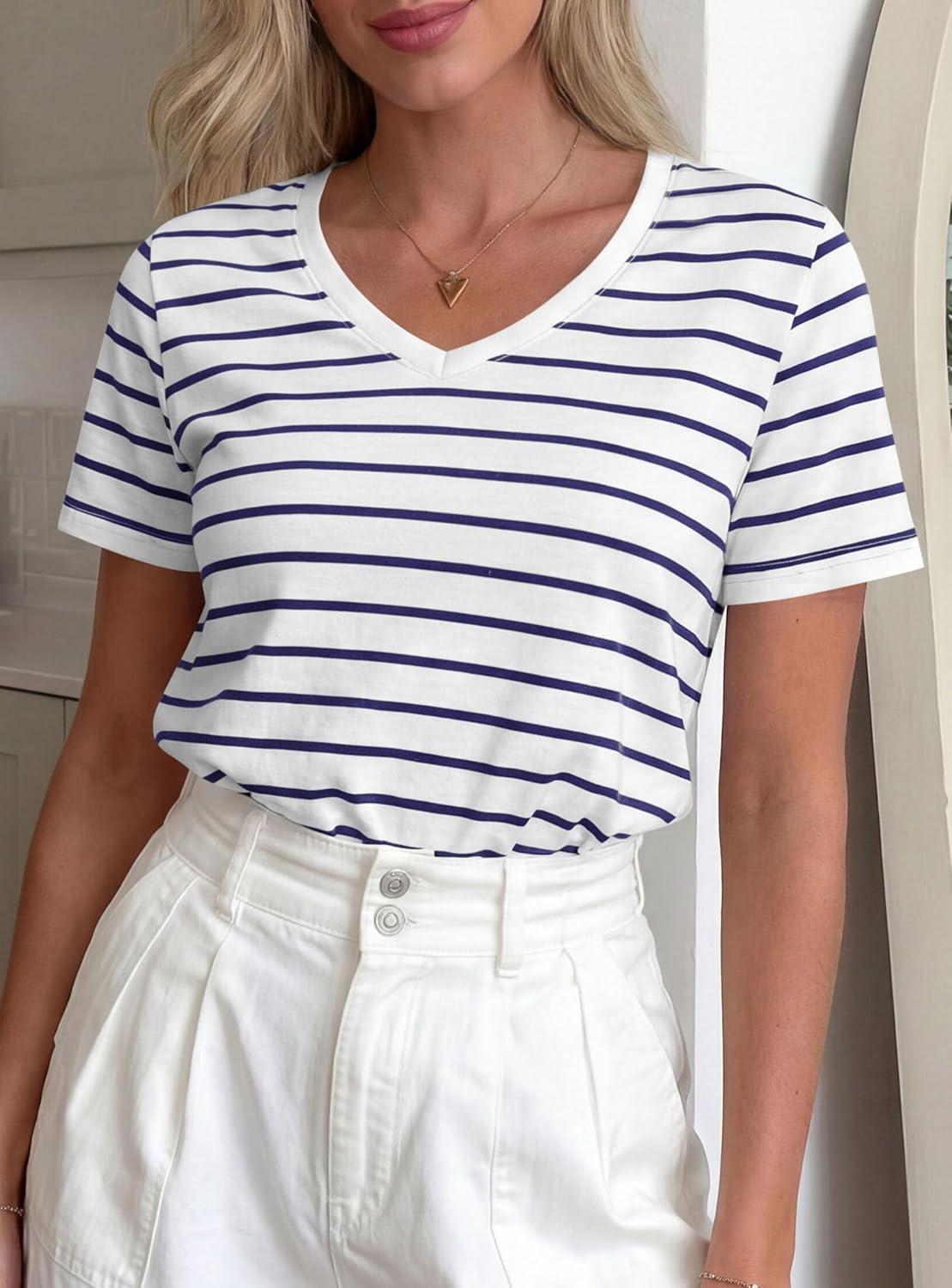 imagePRETTYGARDEN Short Sleeve Shirts for Women 2026 Spring V Neck Cute Tops Casual Striped Shirt Knitted Tees Summer OutfitsStriped White Navy