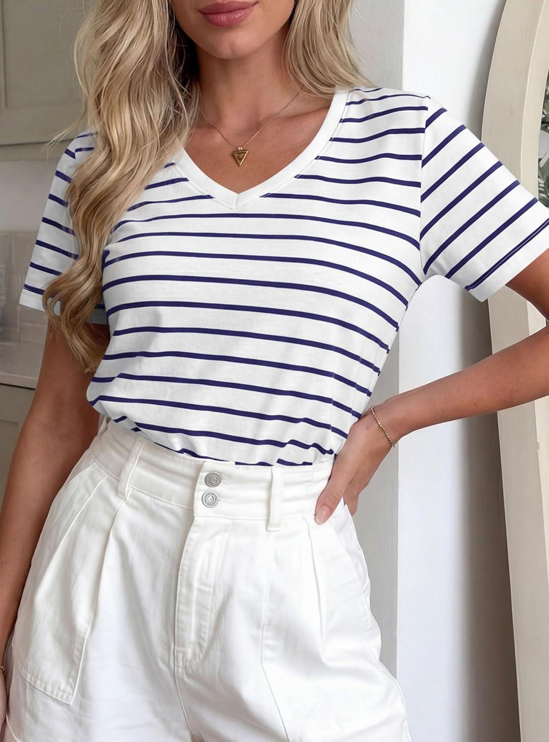 imagePRETTYGARDEN Short Sleeve Shirts for Women 2026 Spring V Neck Cute Tops Casual Striped Shirt Knitted Tees Summer OutfitsStriped White Navy