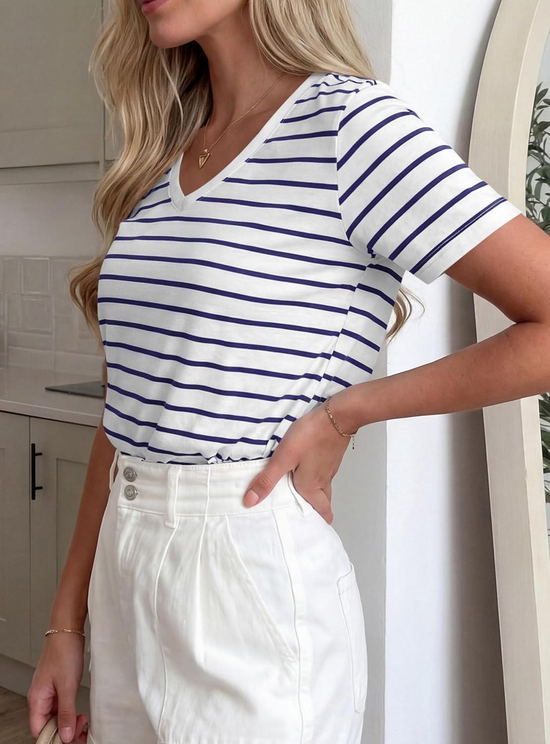 imagePRETTYGARDEN Short Sleeve Shirts for Women 2026 Spring V Neck Cute Tops Casual Striped Shirt Knitted Tees Summer OutfitsStriped White Navy