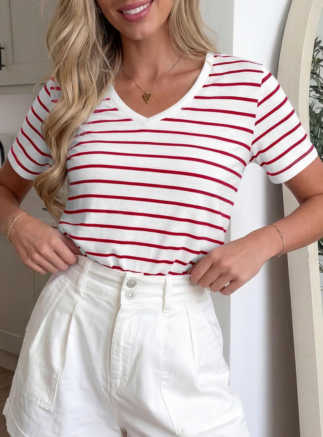 imagePRETTYGARDEN Short Sleeve Shirts for Women 2026 Spring V Neck Cute Tops Casual Striped Shirt Knitted Tees Summer OutfitsStriped White Red