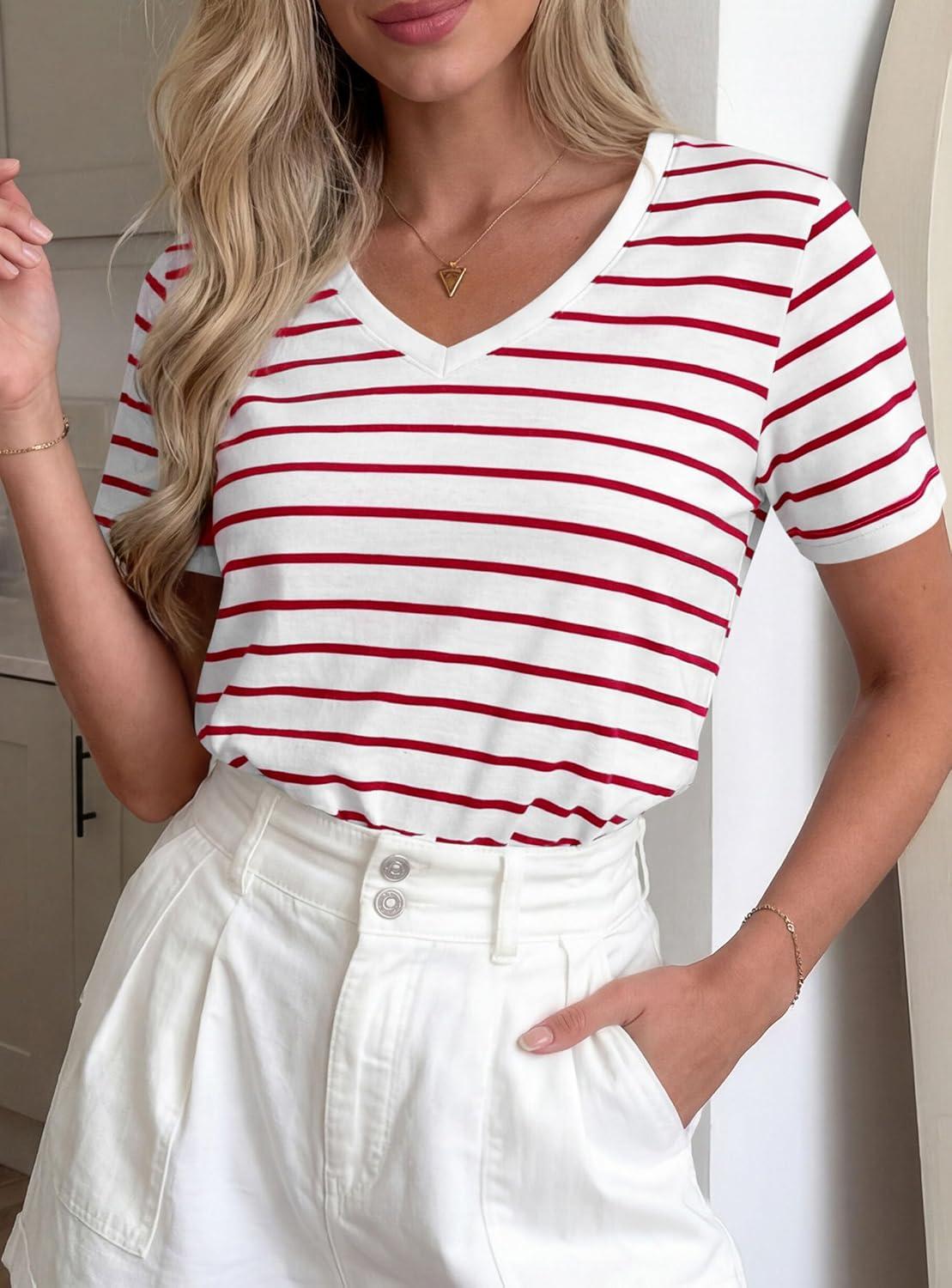 imagePRETTYGARDEN Short Sleeve Shirts for Women 2026 Spring V Neck Cute Tops Casual Striped Shirt Knitted Tees Summer OutfitsStriped White Red