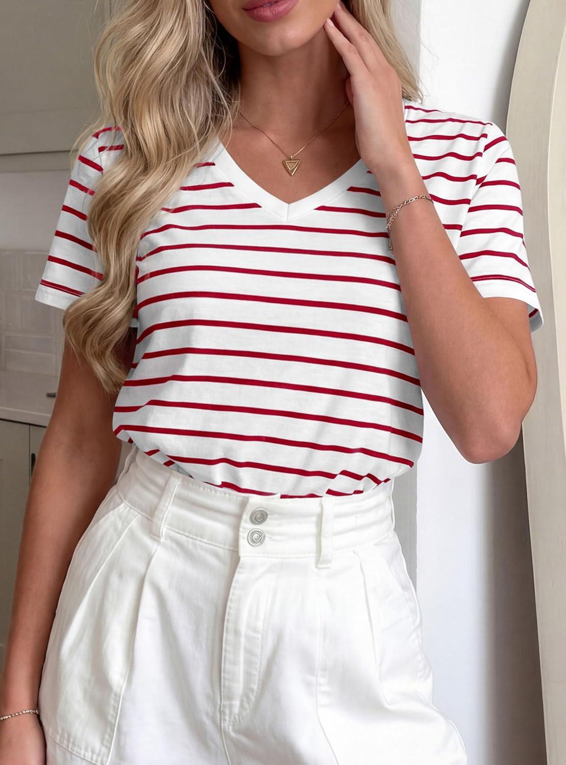 imagePRETTYGARDEN Short Sleeve Shirts for Women 2026 Spring V Neck Cute Tops Casual Striped Shirt Knitted Tees Summer OutfitsStriped White Red